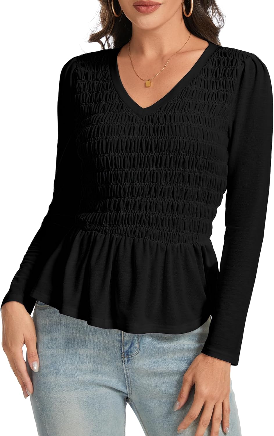 Long Sleeve Shirts for Women V Neck Casual Ruffle Fitted Elastic Blouses Lightweight Tops Women's Work Dress Shirts