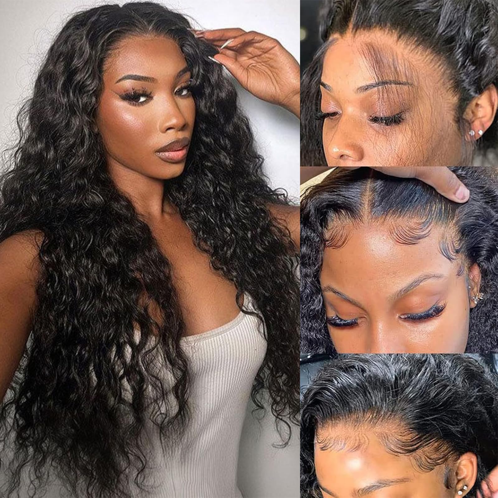 KVFCT 13x6 HD Lace Front Wigs Human Hair Deep Wave Wig for Women 200% Density Transparent Curly Lace Front Wigs 24 Inch Deep Wave Frontal Wigs Pre