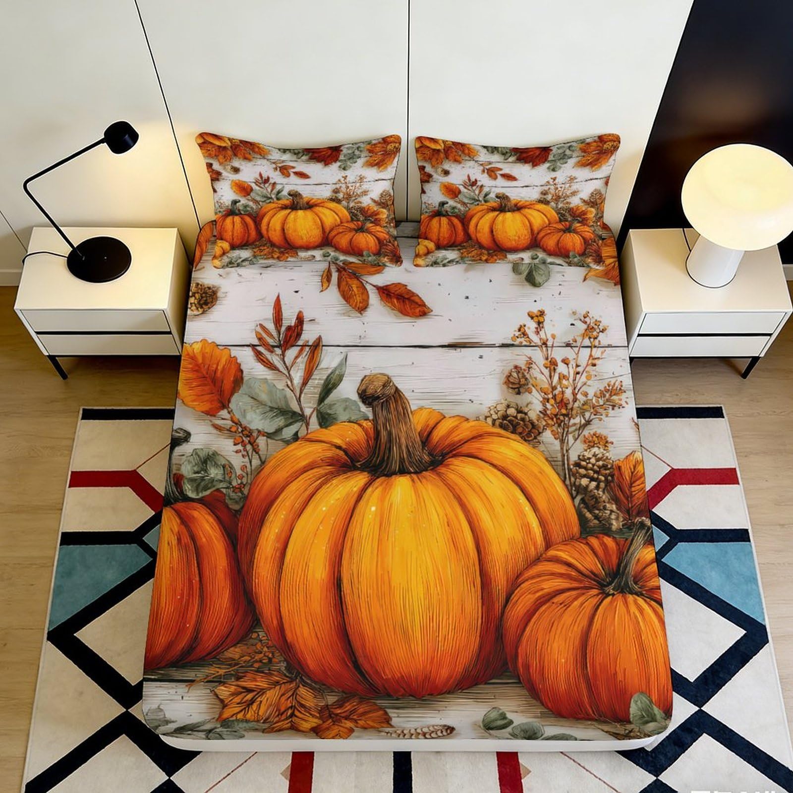 Jqzkxnhpbr Style-4 3D Printed Pumpkin Harvest Fitted Sheet Microfiber Soft Autumn Leaves Bed Cover For Bedroom Guest Room Decor 90X200x25cm