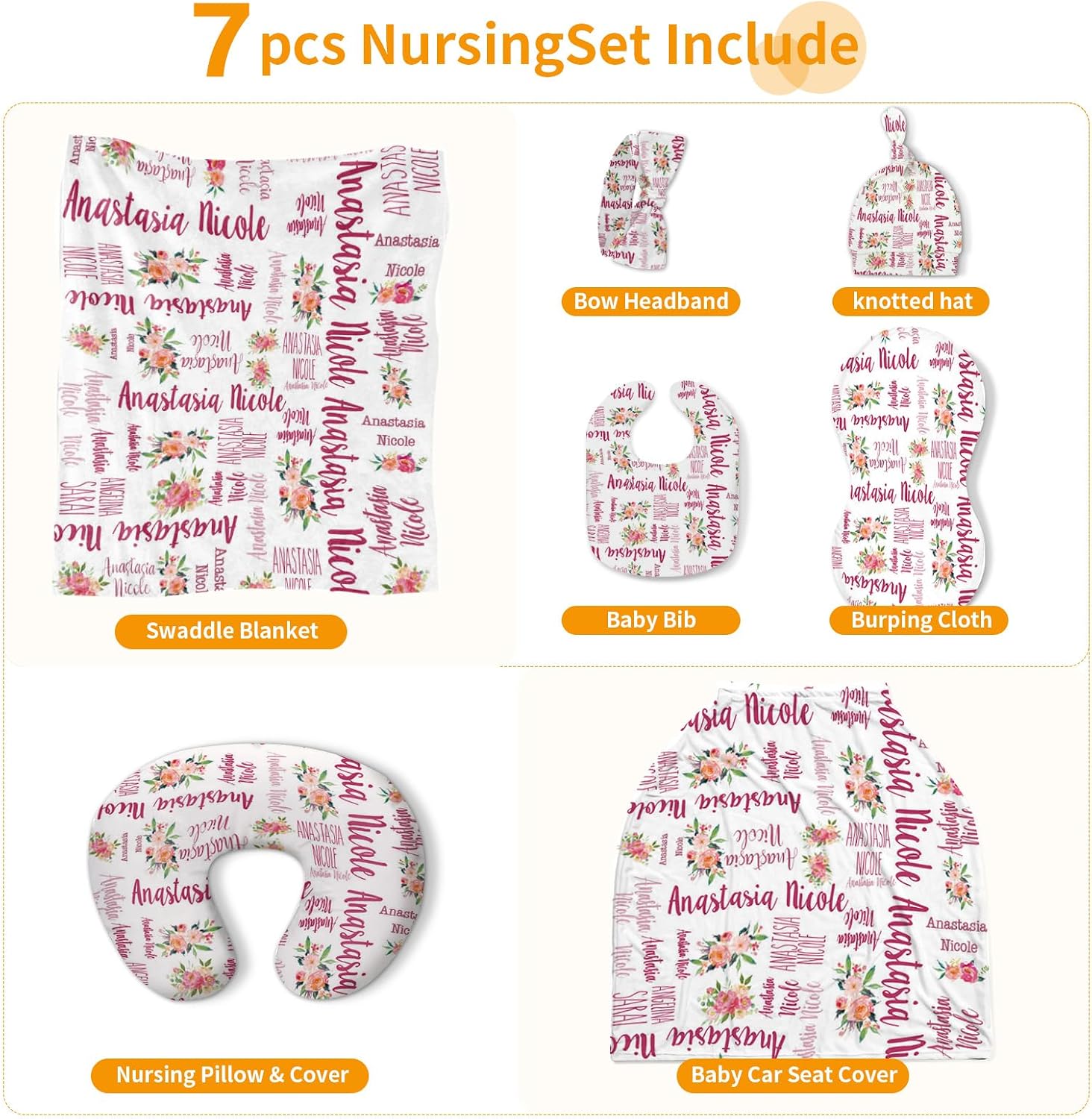 Custom Baby Nursing Swaddling Set: Personalized Custom Name Swaddle Blanket Car Seat Cover Bow Headband Hat Nursing Pillow for Infant Girl Boy Red Pink Flowers Pattern