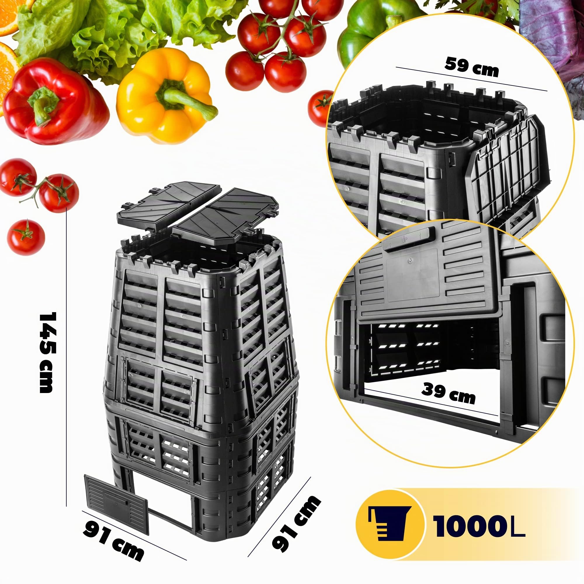 KADAX - Compostador de jardín 1000L, una solución ecológica y práctica para transformar sus residuos orgánicos en fertilizante natural, bandeja de compost (Negro)