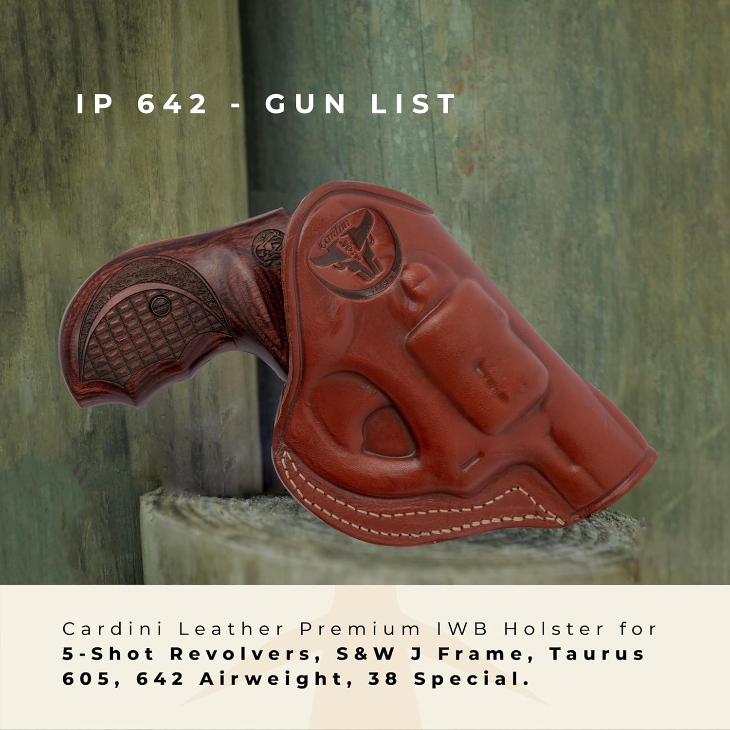 Cardini Leather Premium IWB Holster, for 5-Shot Revolvers, for S&W J Frame, for Taurus 605, 642 airweight, 38 Special Holster