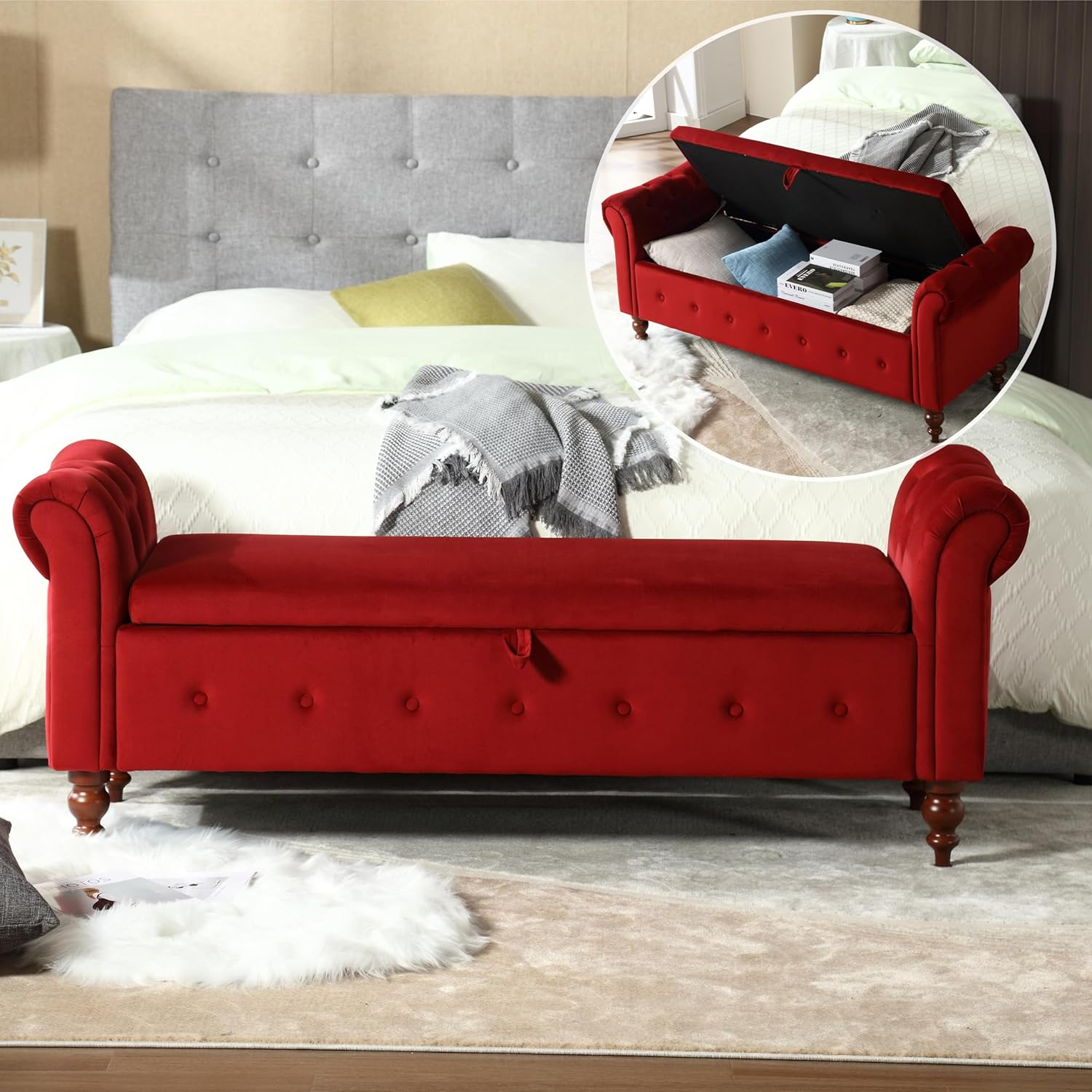 Haplized Button Tufted Storage Bench, End of Bed Velvet