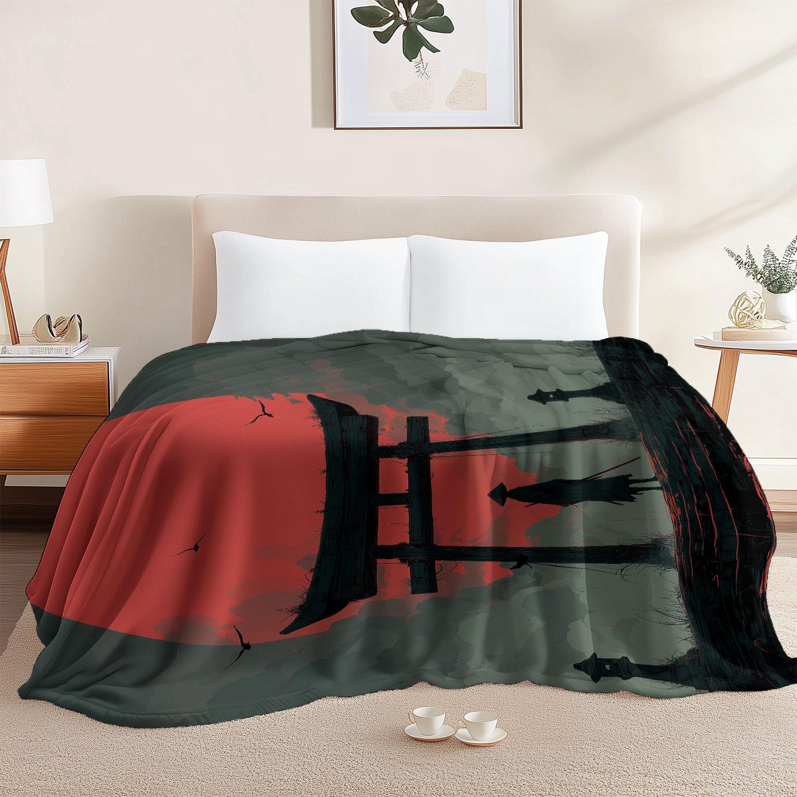 Army Green Koce i Pledy z nadrukiem - Anime Tajemnica Samuraj Torii Koce Polarowe Miękkie Przytulne, Ciepłe Flanelowe Dla Dziewcząt Dzieci Dorosłych Sofa Podróżna 150 x 200 cm