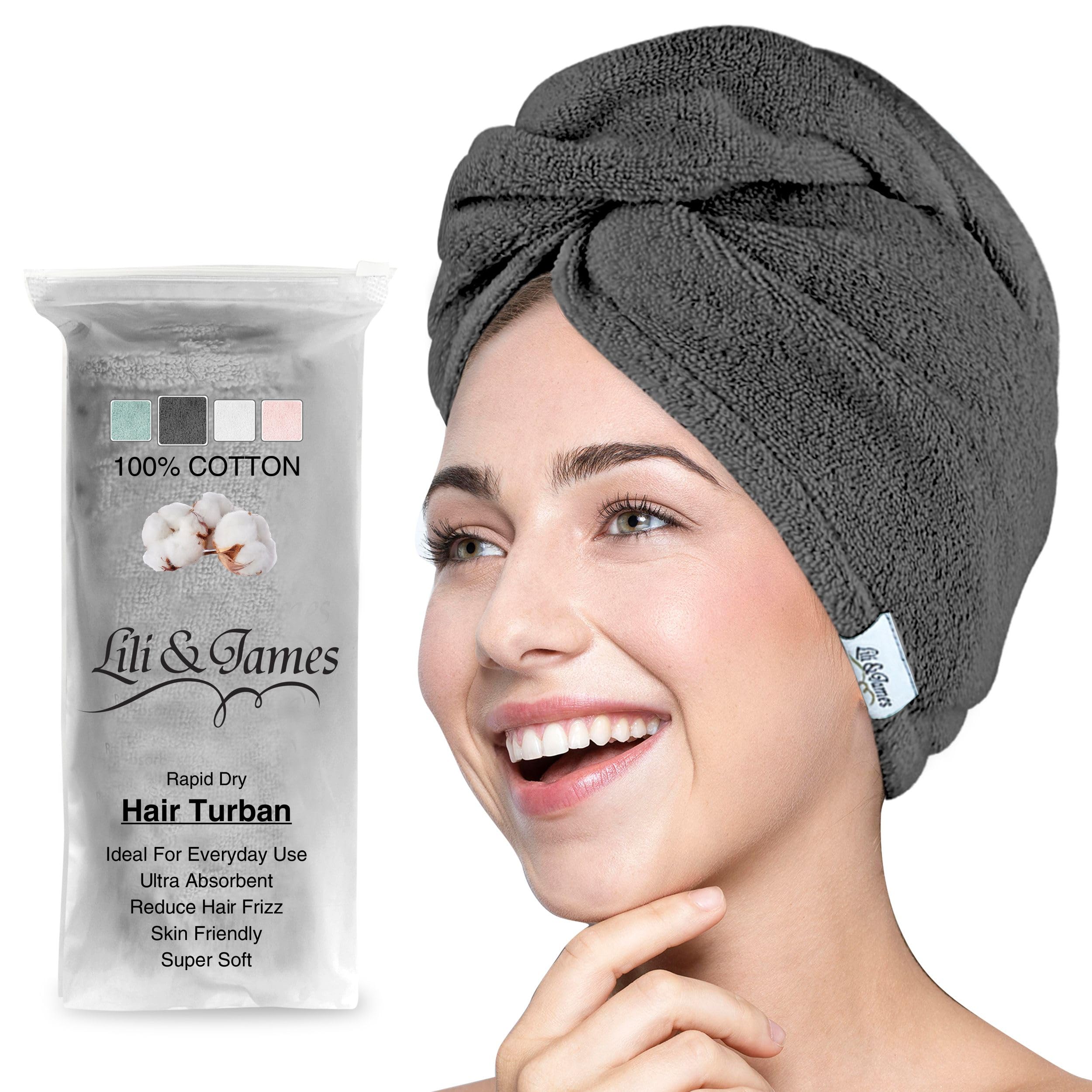 Cotton Hair Towel Wrap for Women/Kids | Quick Dry, Soft & Absorbent 420 GSM Hair Wrap Towels with Double Button | Anti Frizz, Non Microfiber Hair Turbans for Curly, Long Hair (Grey)
