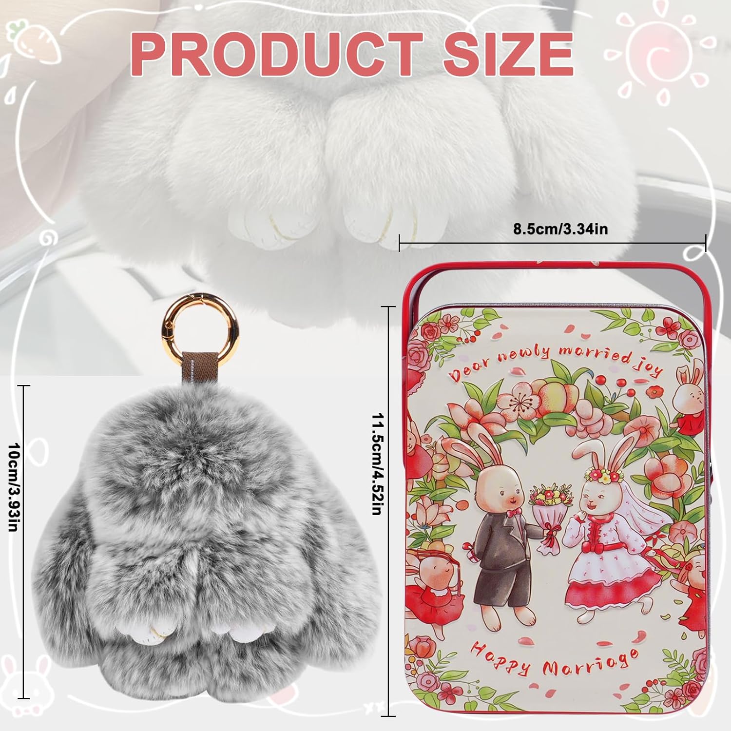 Bunny Cute Keychain with Tin, Handmade Plush Bunny Keychain Accessories for Women, Adorable Charm for Phones Bags - Image 2