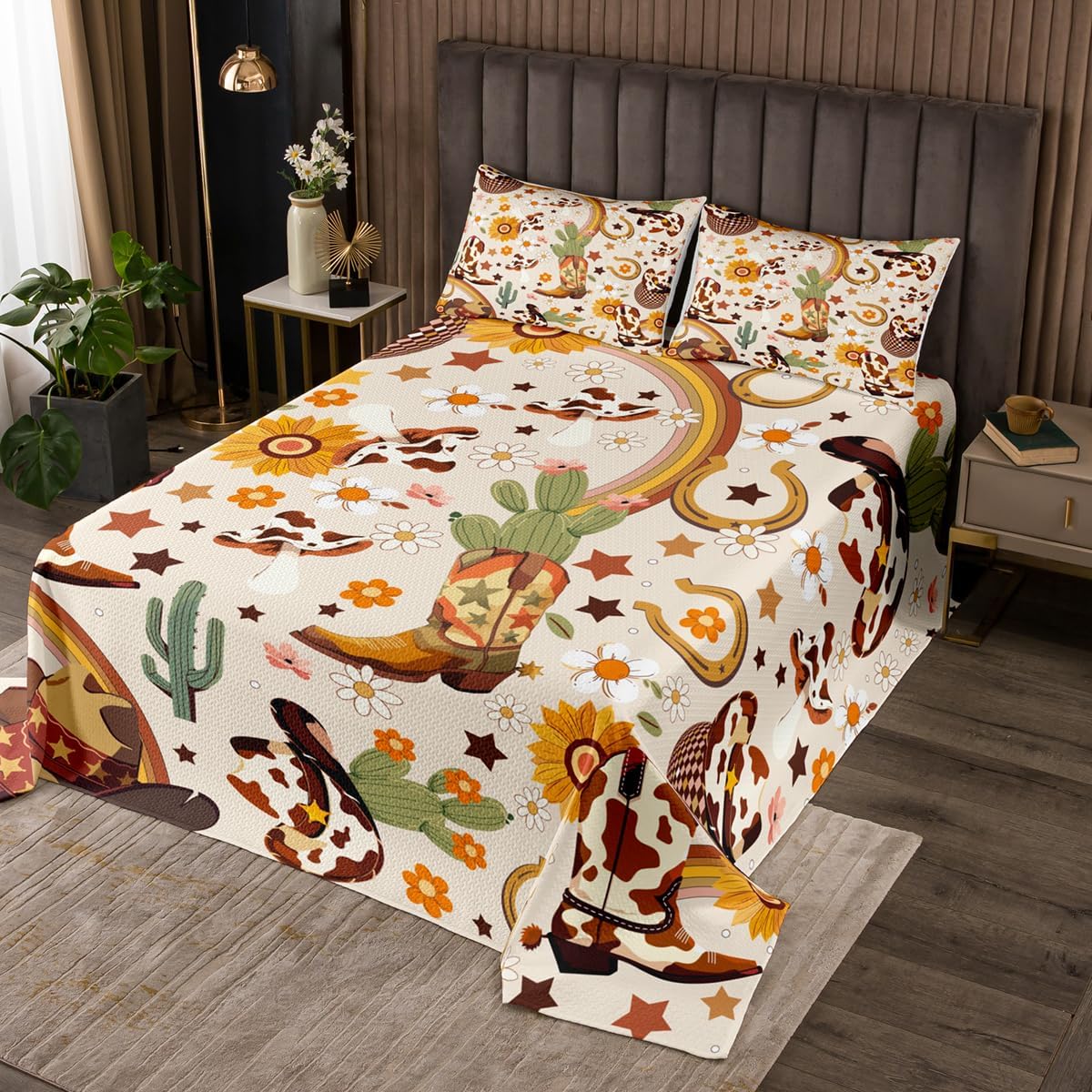 jejeloiu Western Bedspread Quilts Cowgirl Floral Coverlet Set King Size for Kids Boys Girls Western Cowboy Boots Quilted Coverlet with 2 Pillowcases Wild West Cactus Flower Microfiber Light Beige
