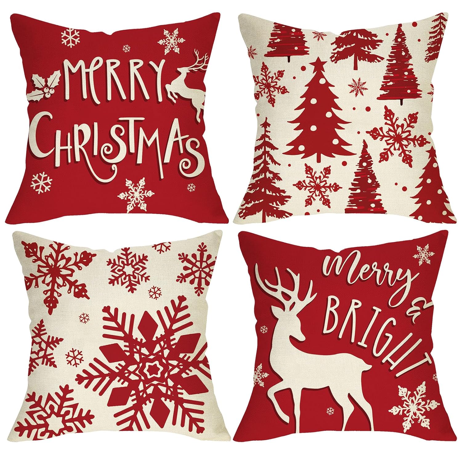Fjfz Merry Christmas Red Decorative Throw Pillow Covers 18 x 18 Set of 4 Xmas Tree Snowflake Reindeer