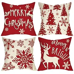 Fjfz Merry Christmas Red Decorative Throw Pillow Covers 18 x 18 Set of 4 Xmas Tree Snowflake Reindeer