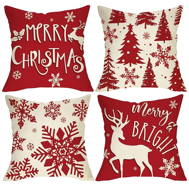 Fjfz Merry Christmas Red Decorative Throw Pillow Covers 18 x 18 Set of 4 Xmas Tree Snowflake Reindeer