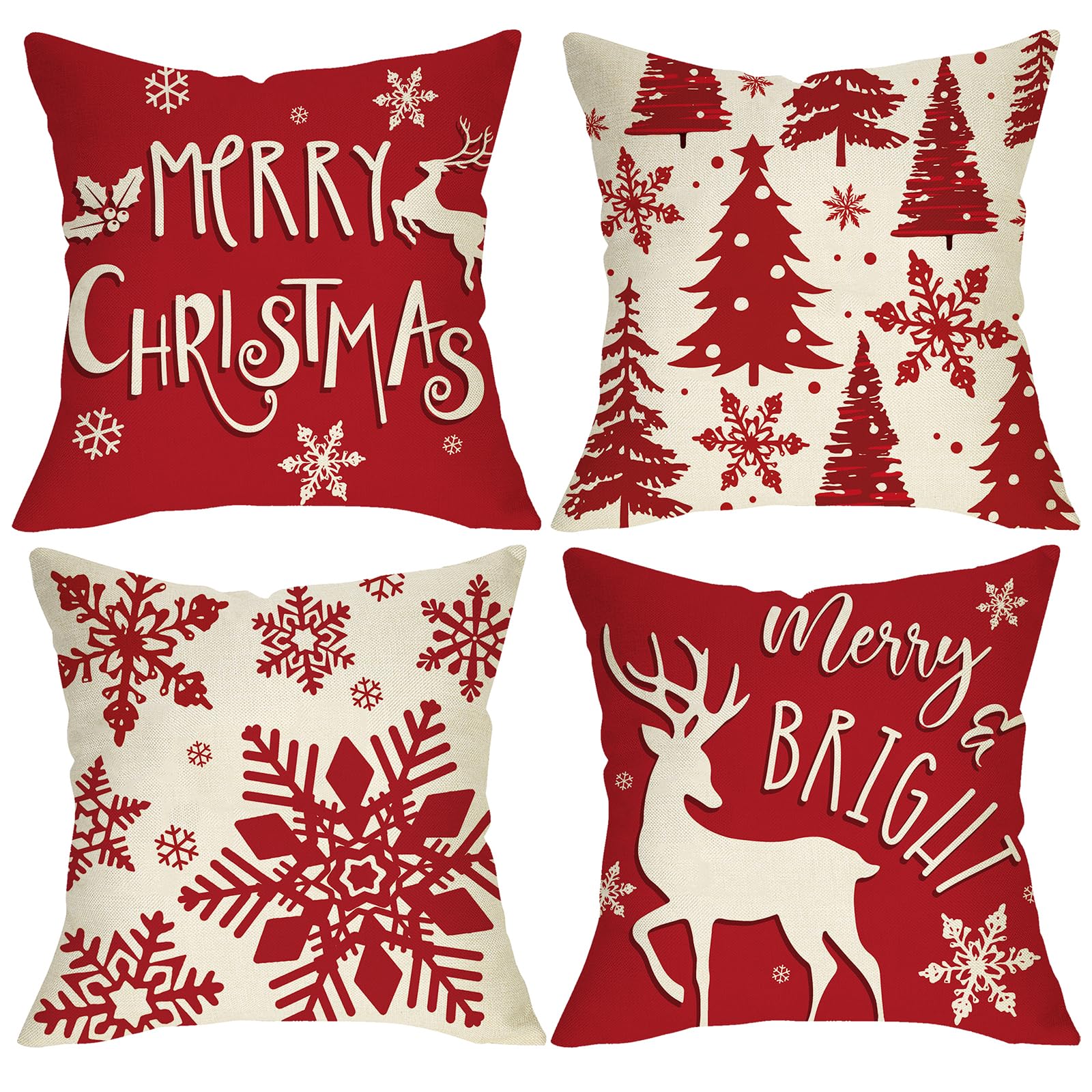Fjfz Merry Christmas Red Decorative Throw Pillow Covers 18 x 18 Set of 4 Xmas Tree Snowflake Reindeer