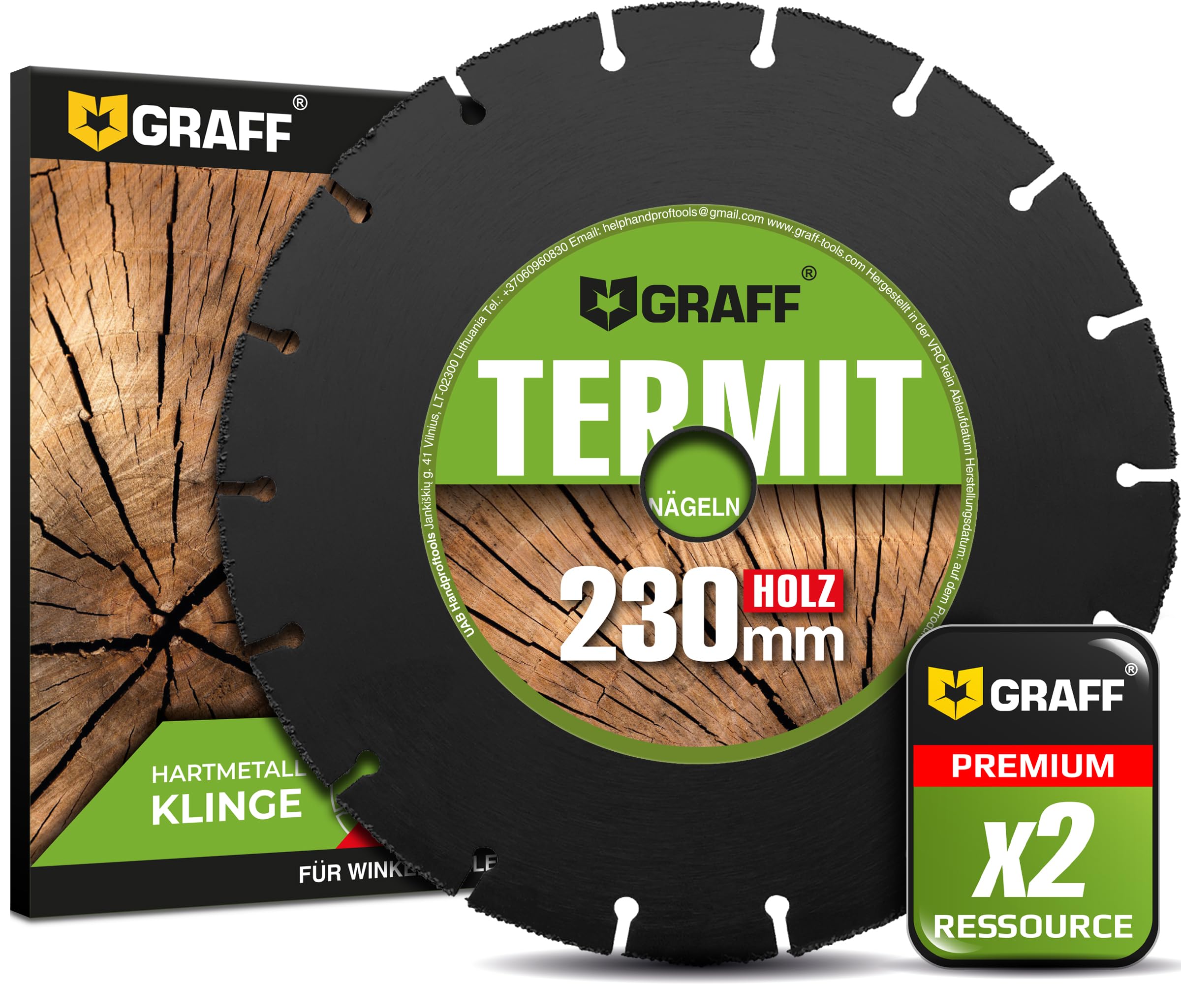 GRAFF Termit Disco de Corte para Madera 230 mm - Disco Amoladora 230 para Cortar Madera, Laminado, Plástico - Carburo de Tungsteno Disco de Corte para Amoladora Angular