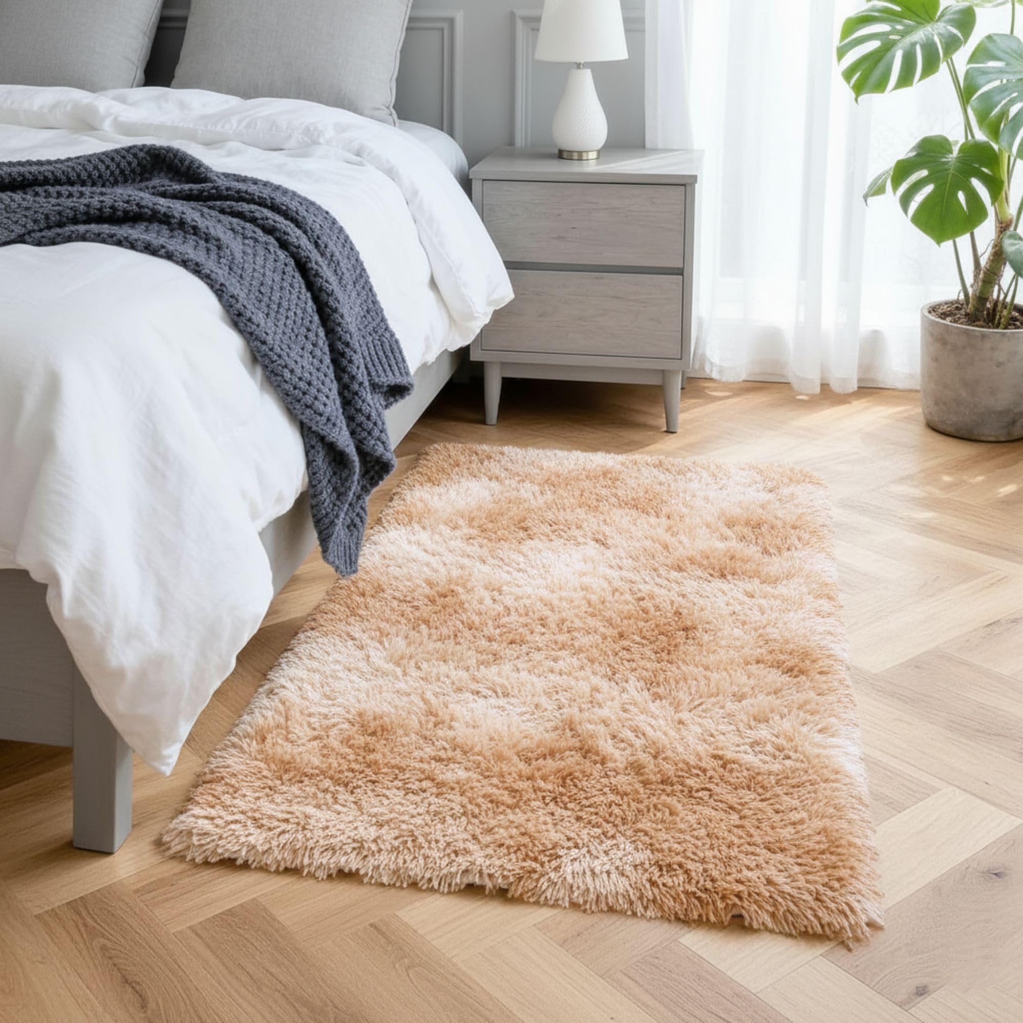 Hafaa Fluffy Shaggy Rugs Living Room Tie-Dye Beige 60x110 cm, Soft Thick Pile Carpet Bedroom, Non Slip Small Bedside Rug for Kids Nursery Room Non-Shedding