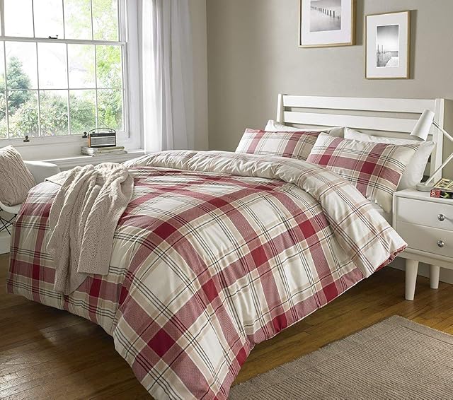 Sleepdown Check Red Striped Reverisble Soft Duvet Cover Quilt Bedding Set With Pillowcase - Single (135cm x 200cm)