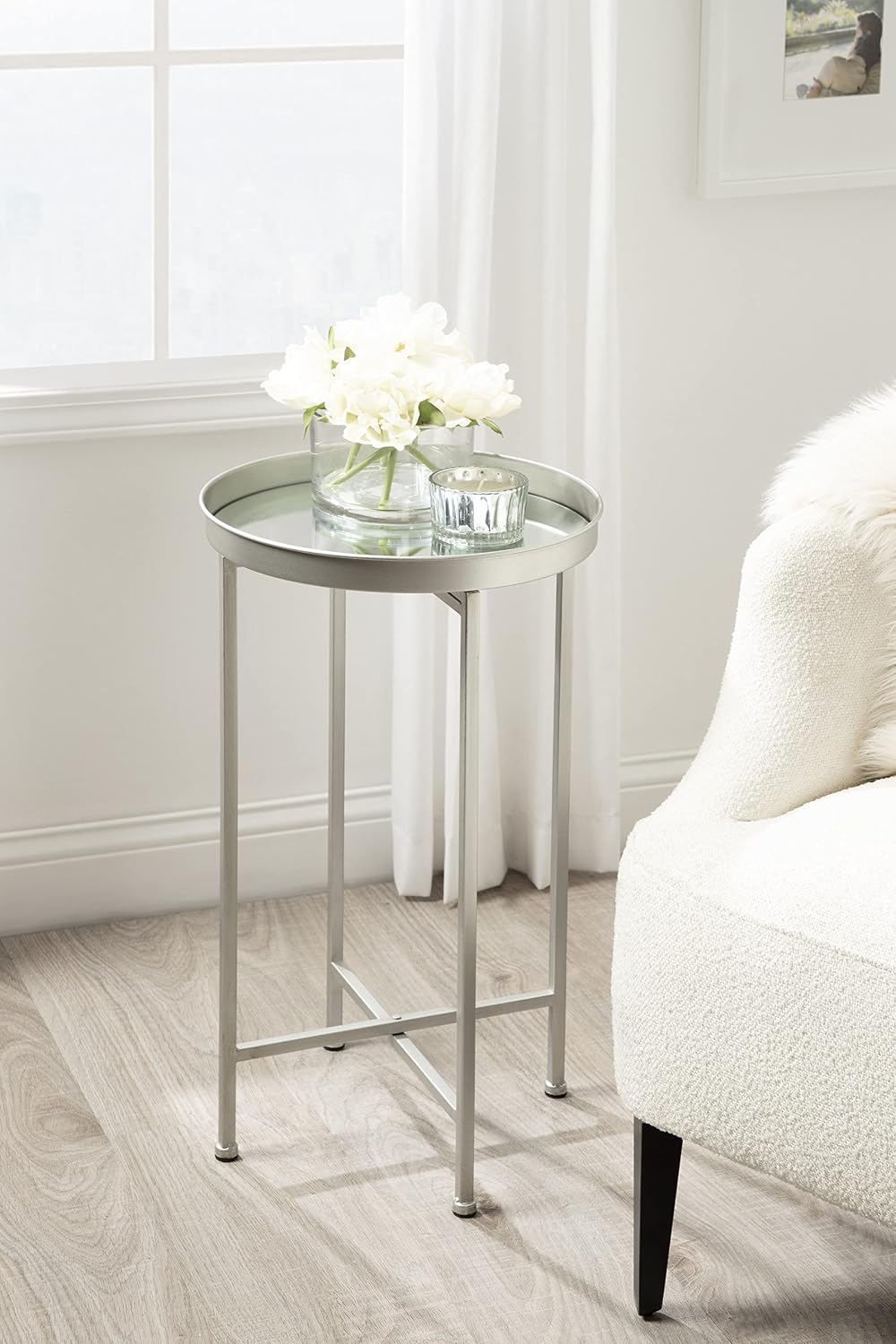 Kate and Laurel Celia Modern Folding Metal Side Table, 14 x 14 x 25.75, Silver, Decorative Space Saving End Table for Hosting, Storage, and Display
