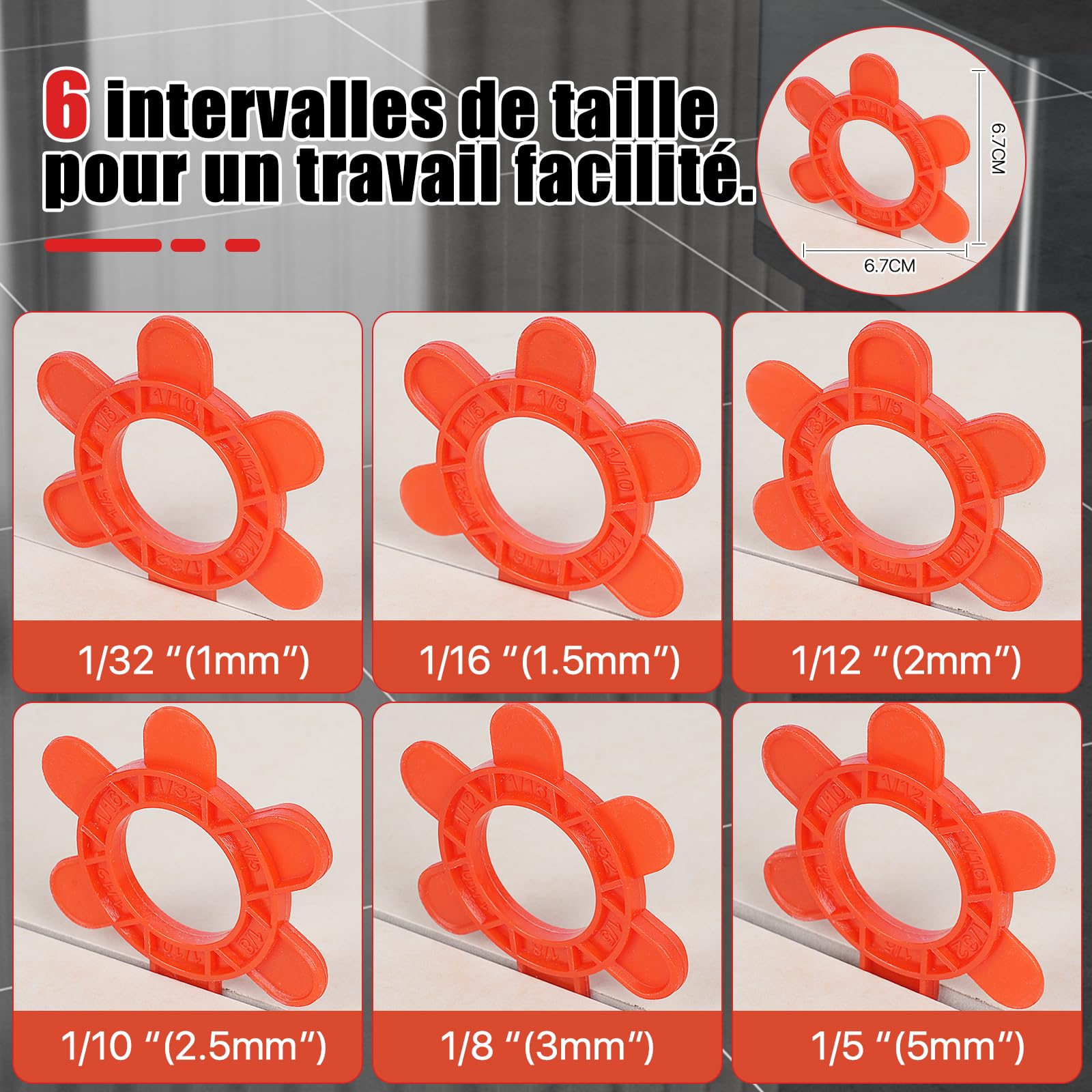 400 piezas hexagonales para azulejos, 6en1, reutilizables, de varios tamaños(1mm 1.5mm 2mm 2.5mm 3mm 5mm) para profesionales y bricolaje, ideales para suelos, paredes y cocinas(400piezas, rojo)