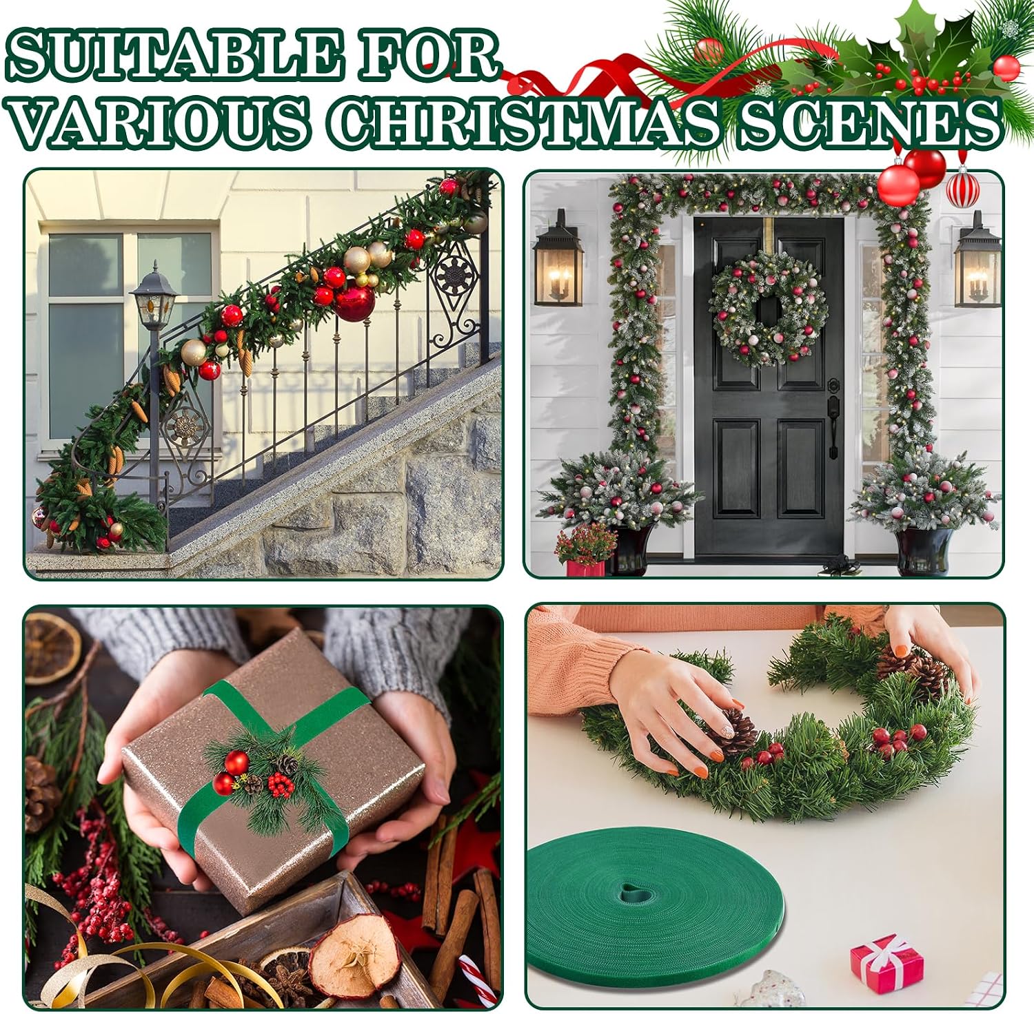 120Ft Christmas Garland Ties Decorative Wreath Holder Green Adjustable Holiday Garland Ties Cuttable Nylon Hook and Loop Garland Hanger Strap for Xmas Tree Banister Railing Stairway Decoration Door