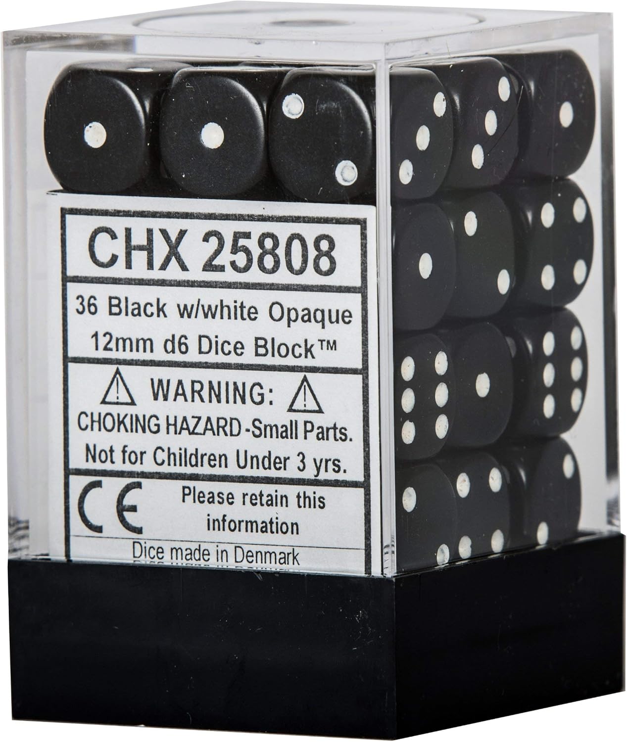 Black with White Dice Block, 12mm D6, Pack of 36