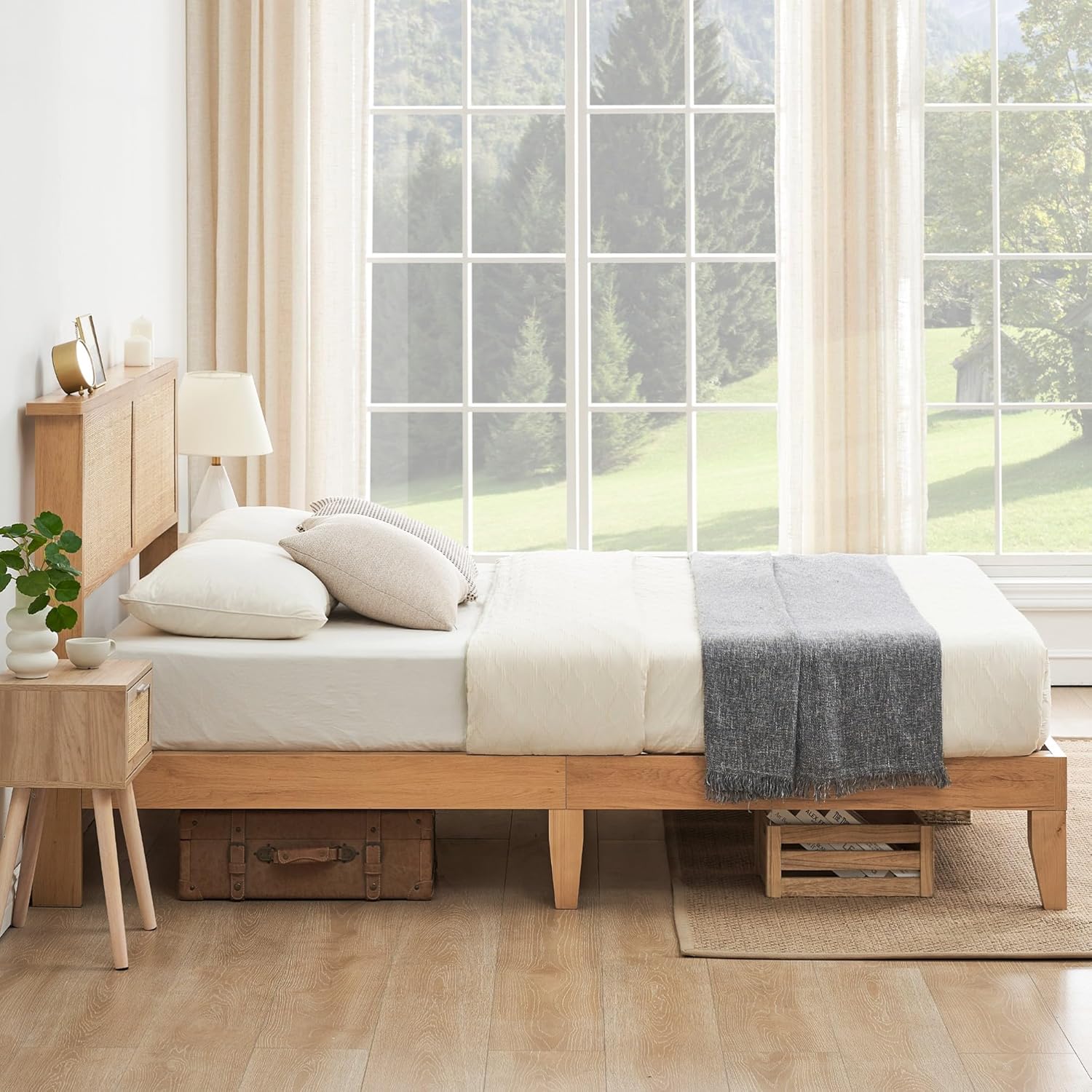 GAOMON Full Bed Frame with Natural Rattan Headboard, Full Size Platform Bed Frame with LED Lights & Curved Rattan Headboard & Wooden Support Legs, No Box Spring Needed, Easy Assembly