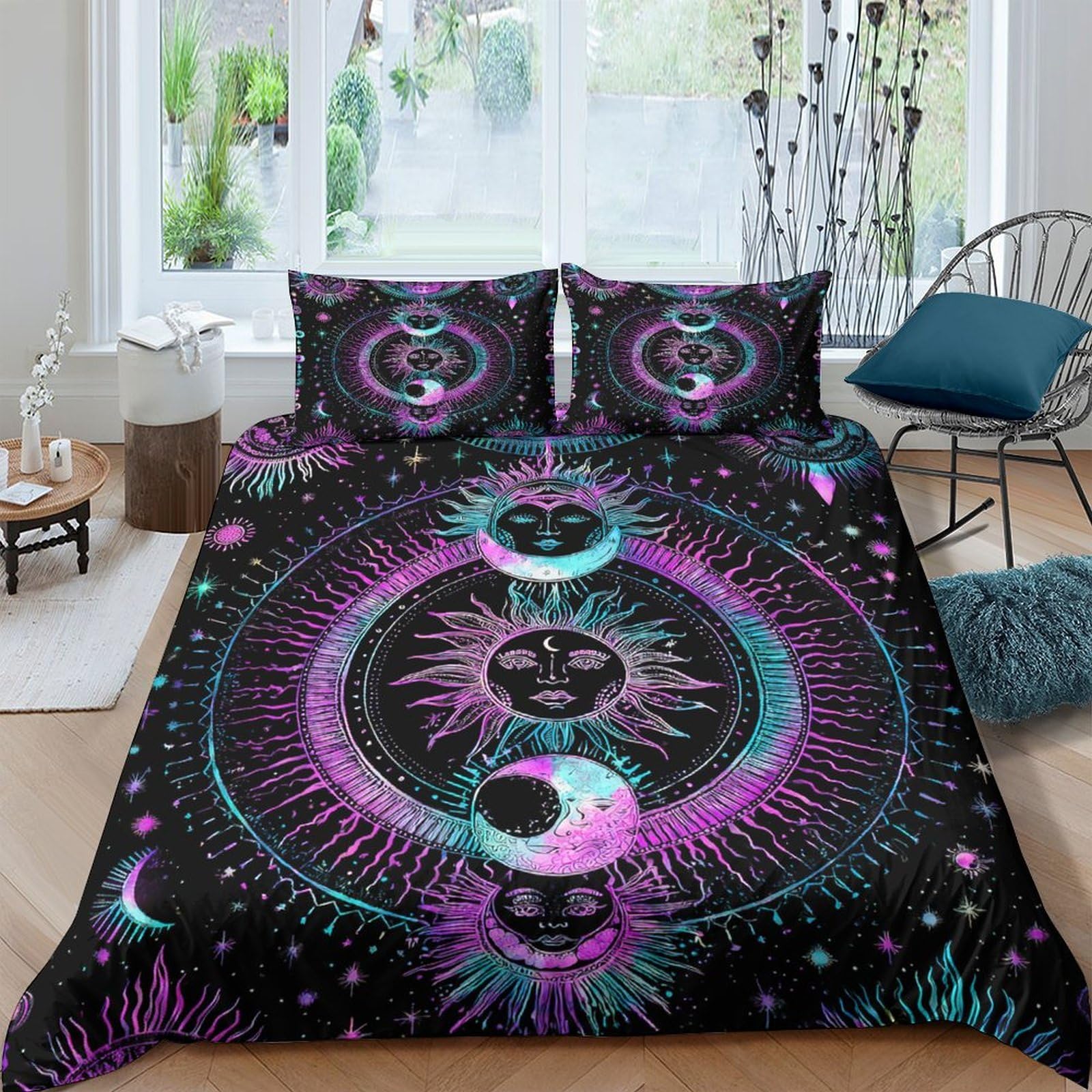 Ctjqhvkz Style-2 3D Printed Moon Mandala Fitted Sheet Microfiber Soft Purple Black Sun Star Mattress Cover For Bedroom Dorm Decor Single（135X200cm）