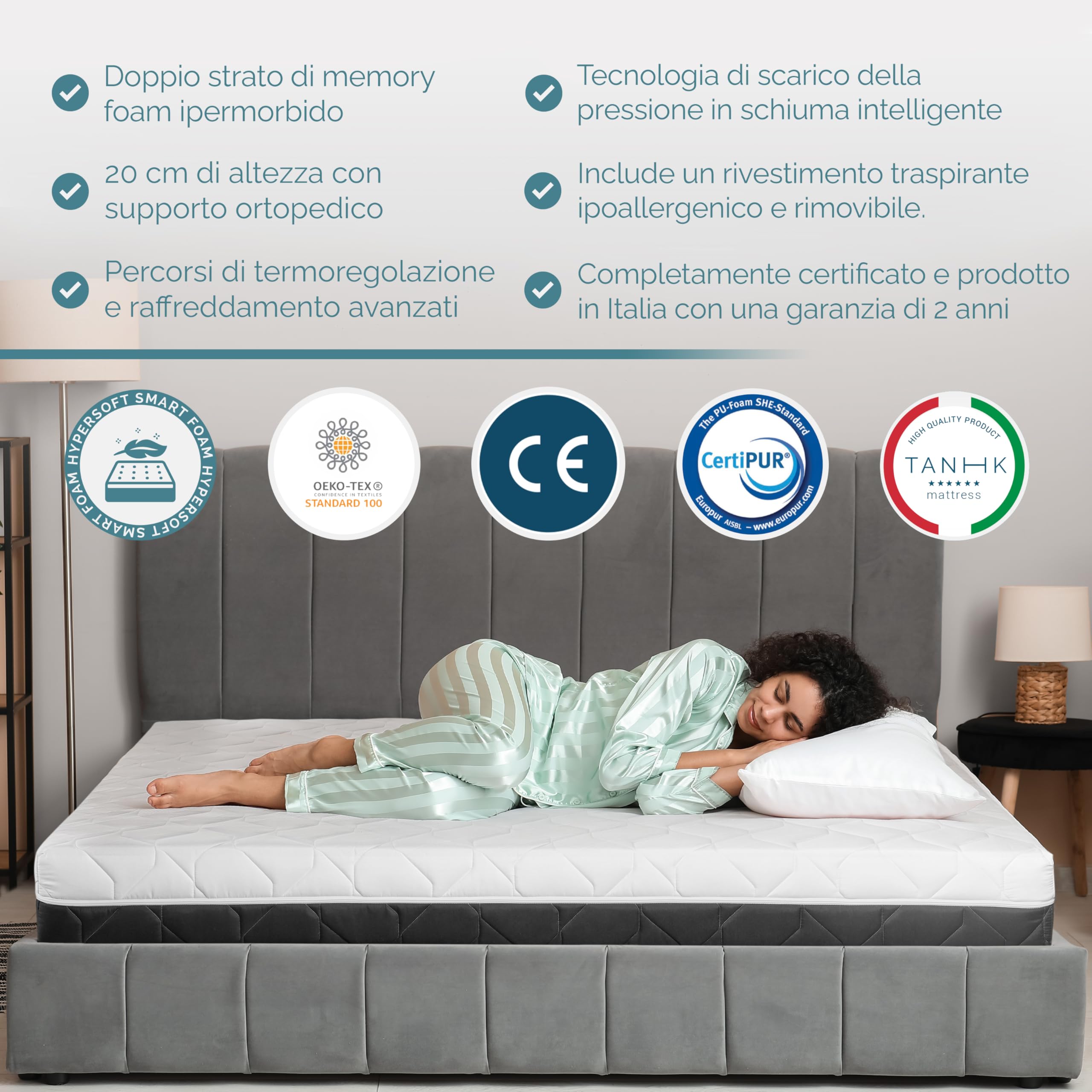 TANHK Materasso in Memory Foam a doppio strato Hypersoft Smart | Supporto ortopedico con tecnologia avanzata di circolazione dell'aria | Tessuto ipoallergenico e traspirante, Made in Italy, 150 x 190