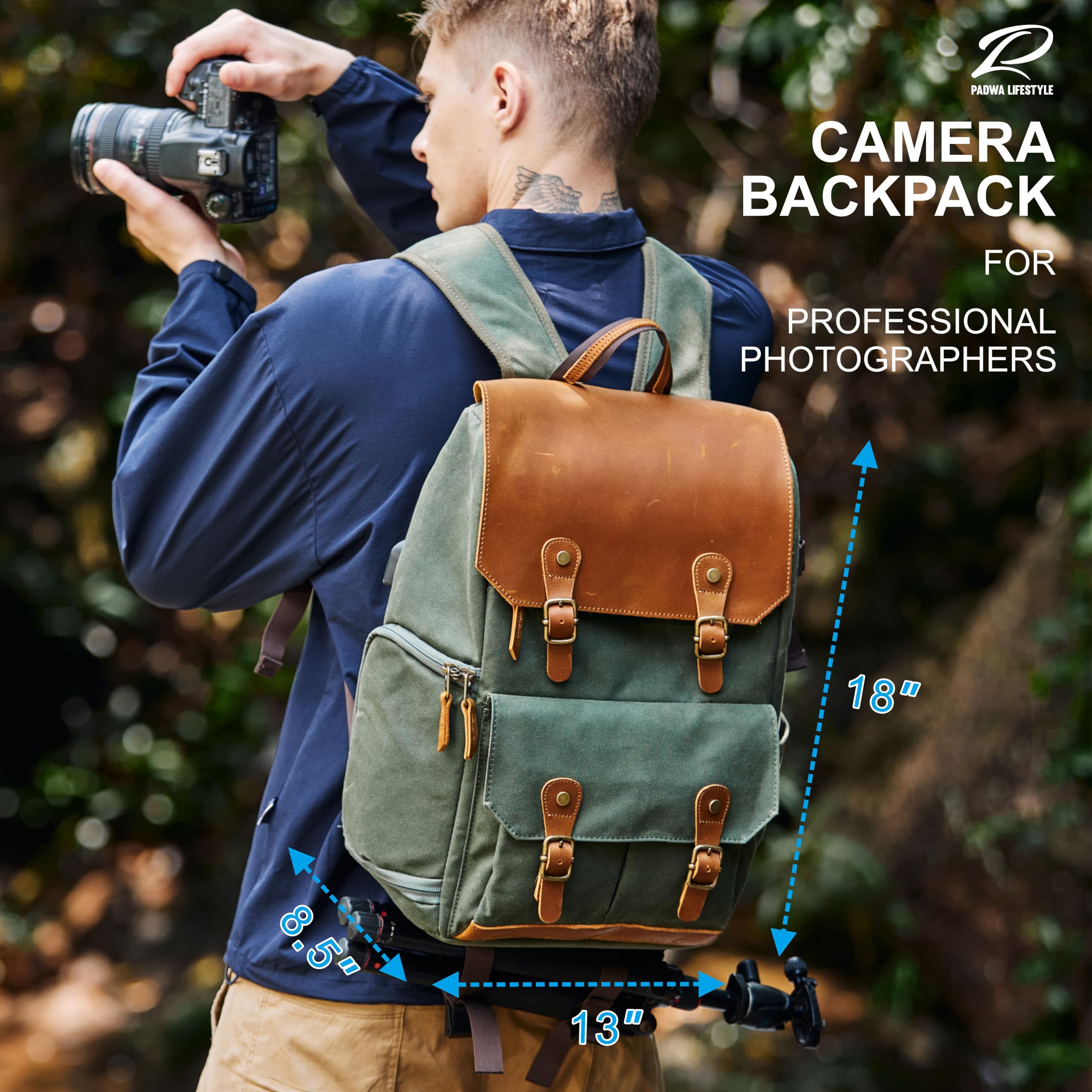 Padwa Lifestyle Grüner Kamerarucksack - wetterfeste Kameratasche aus gewachstem Memory Canvas mit 16“ Laptop-/Objektivfach und Stativfach, Mehrzweck-Kamerarucksack für professionelle Fotografen