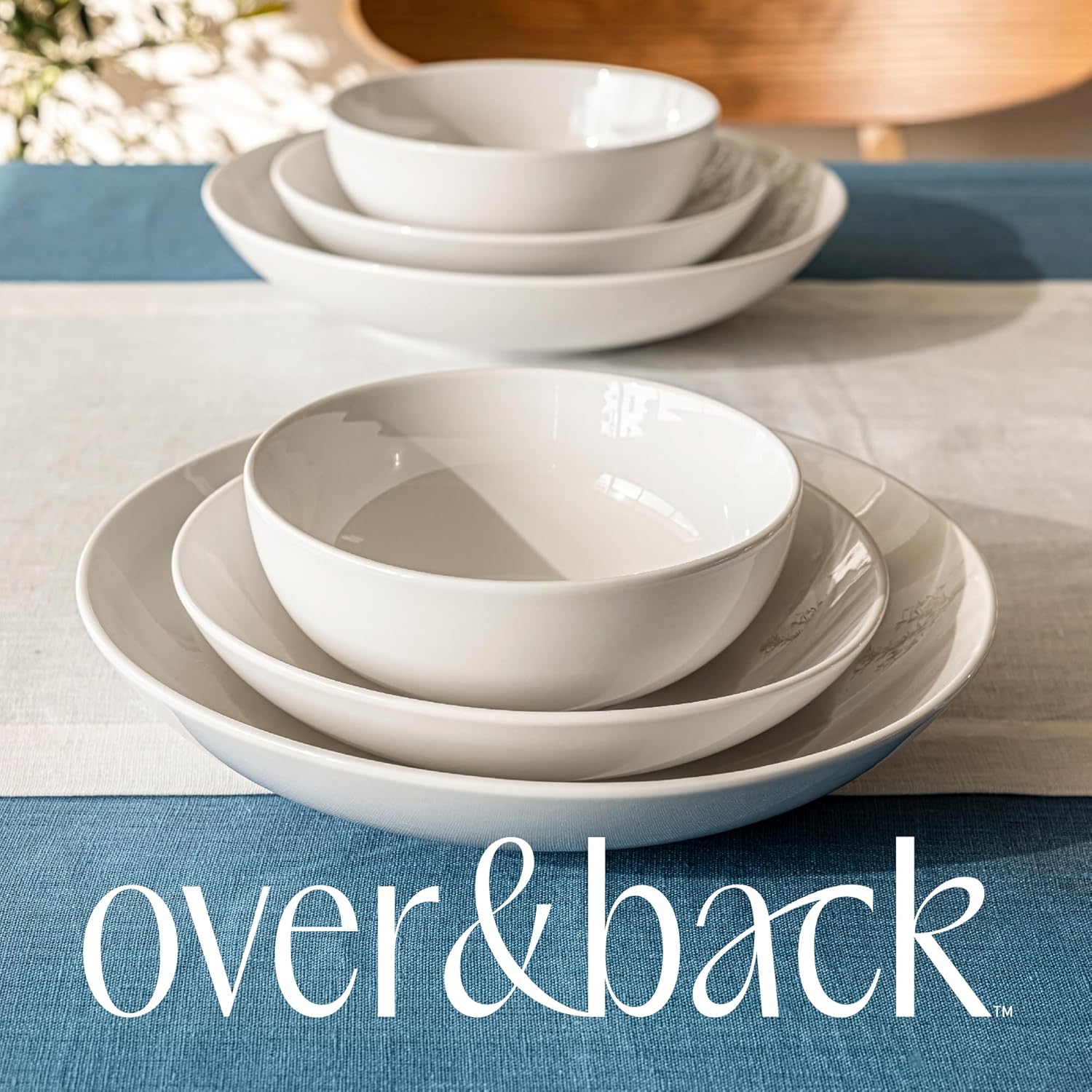 Over&Back 100%-Linen Woven Tablecloth - Colorful Dining Room Table Cover - Mitered Corner Hems - Machine Washable - Kitchen and Home Decor - Blue - 70x108