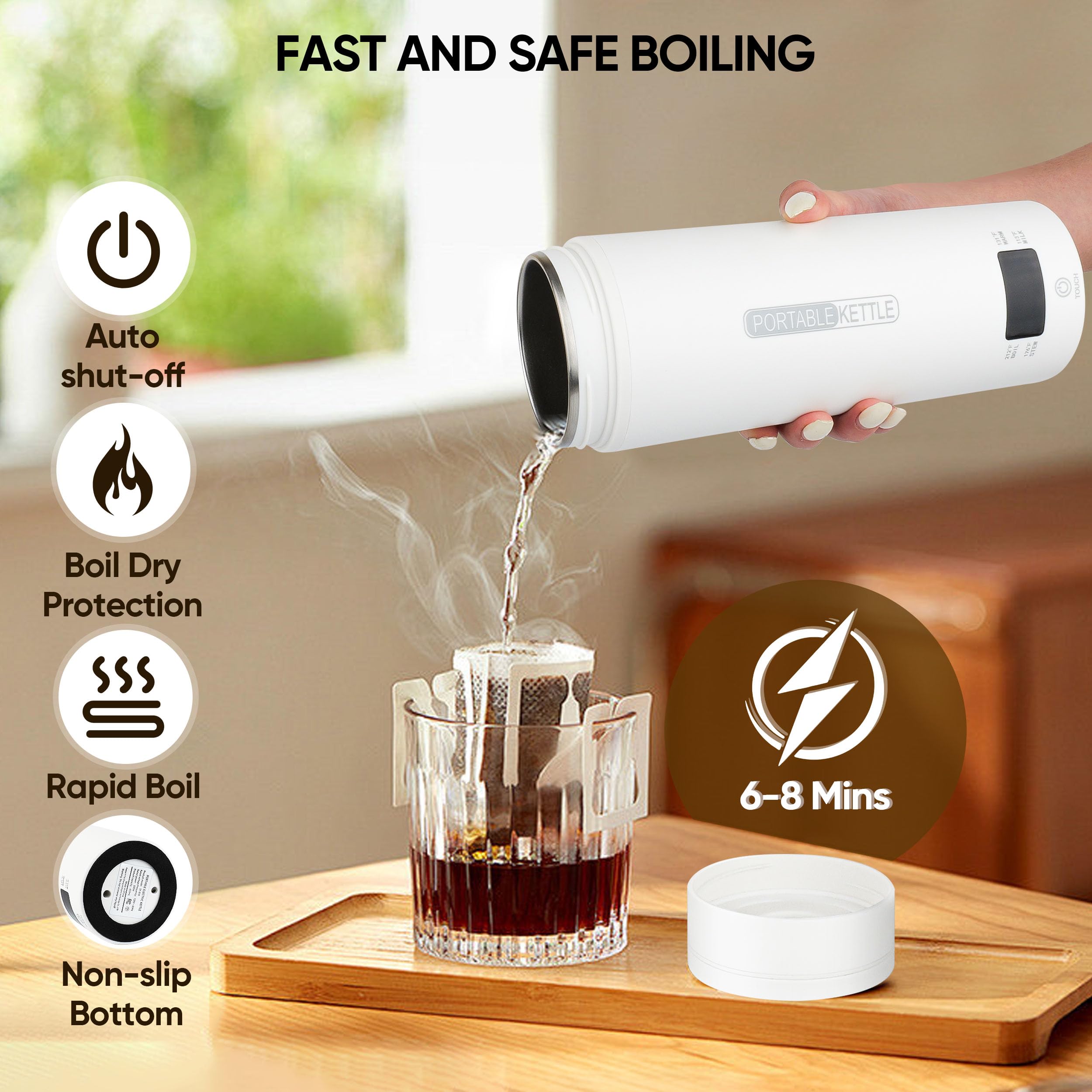 Hervidor eléctrico de viaje, calentador de agua caliente inteligente portátil, calentador de té y café, 15.2 fl oz, acero inoxidable 316, 4 controles de temperatura, pantalla LCD, agua hirviendo 7