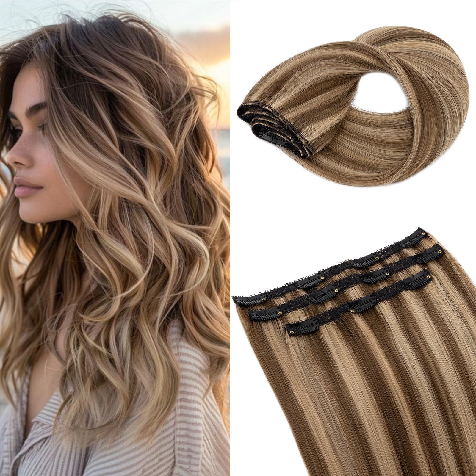 Elailite Hair Extensions Clip In Real Human Hair Remy #4/27 Medium Brown Mix Dark Blonde Double Weft Seamless Hairpieces Straight 10 Inch (56 g) 56g 3 Pieces