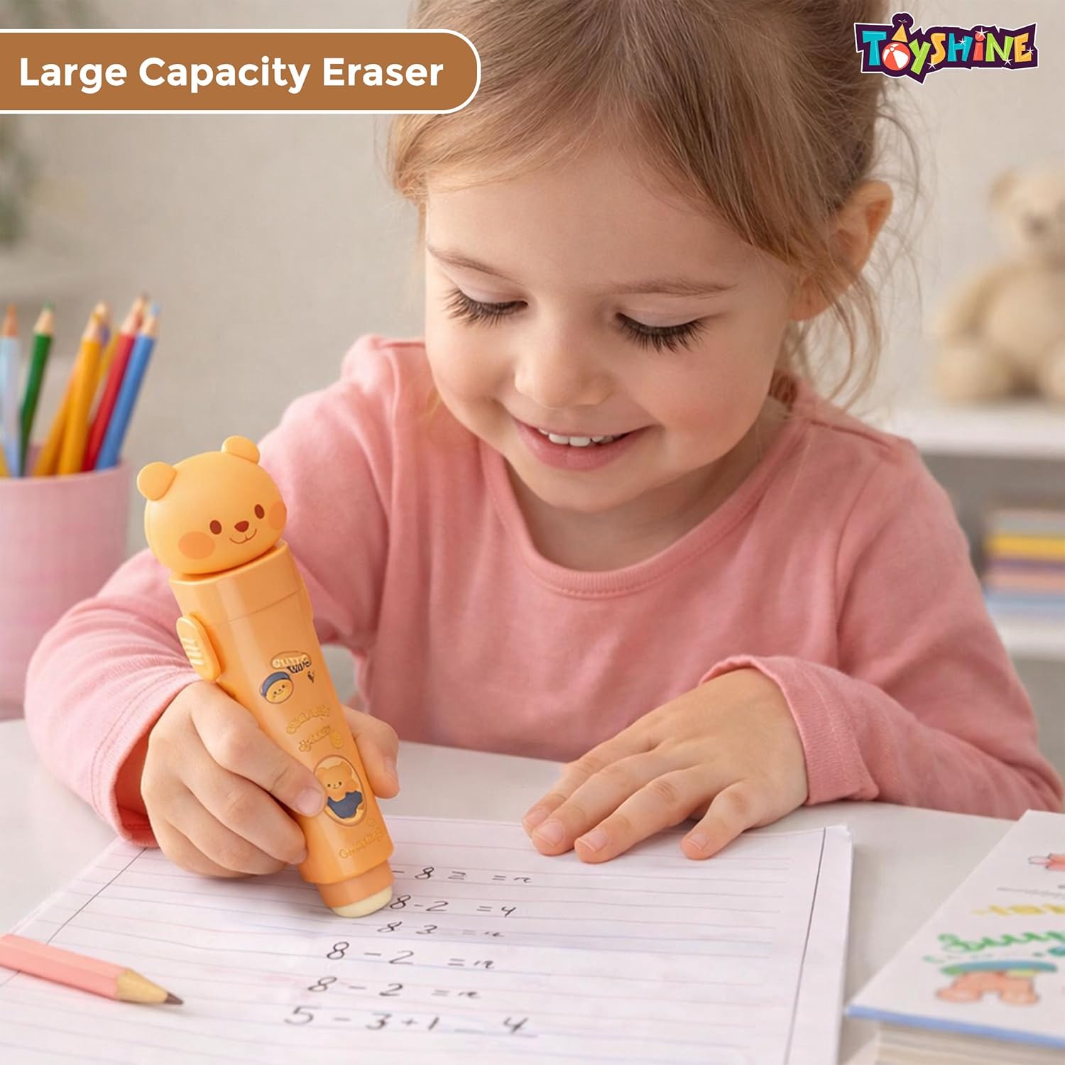 Cute Teddy Push-Pull Eraser for Kids | Cartoon Bear Design with Smooth Rubber with 1Refill Eraser | Fun School Stationery for Writing & Drawing | Ideal for School, Home Birthday Return Gifts