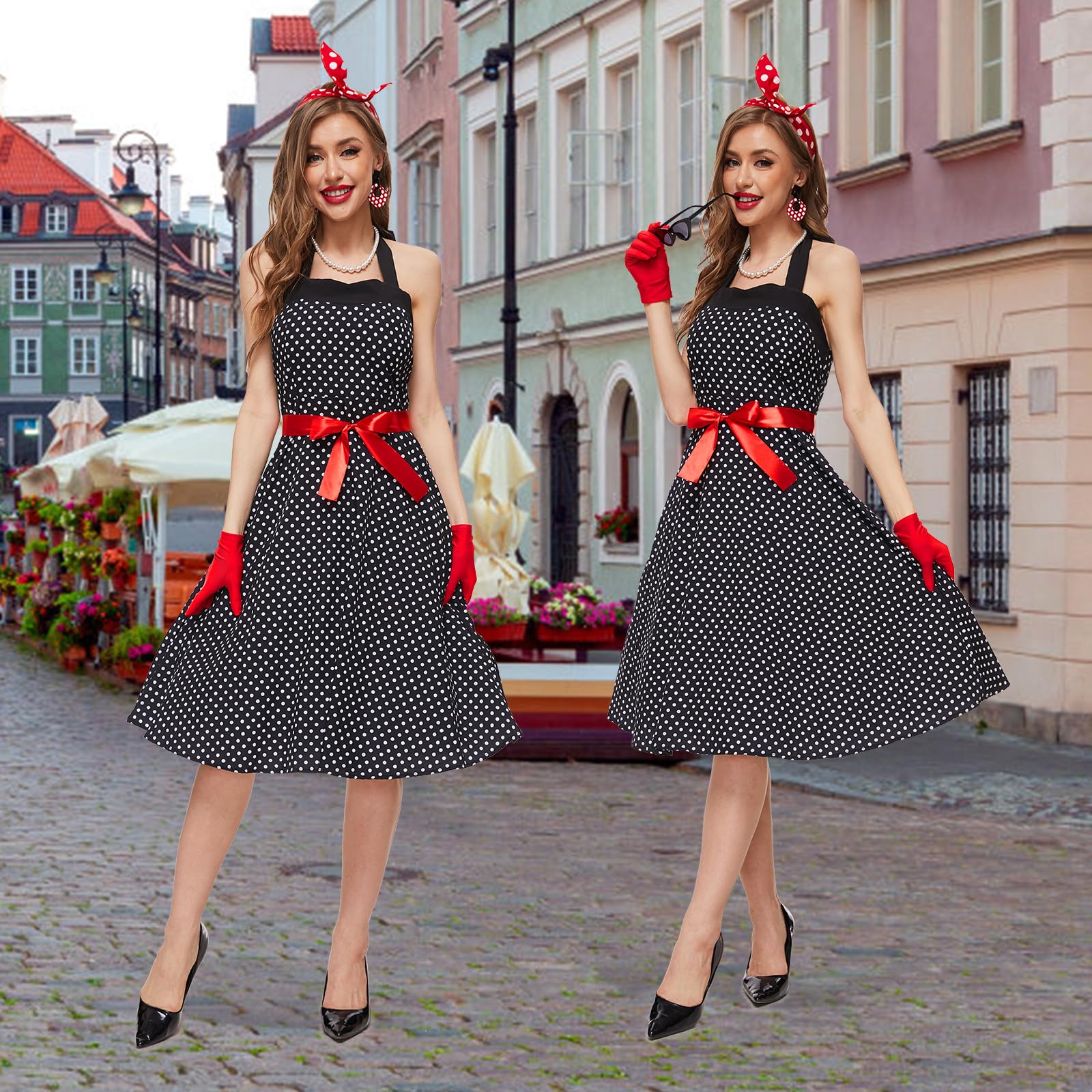 JONRRYIN Vestito Anni 50 Donna, Rockabilly Accessori Anni 50 Donna, Abito Gonna Anni 50 Donna, Vintage Costume Anni 50 Donna con Occhiali, Earrings, Guanti, Collana per Carnevale