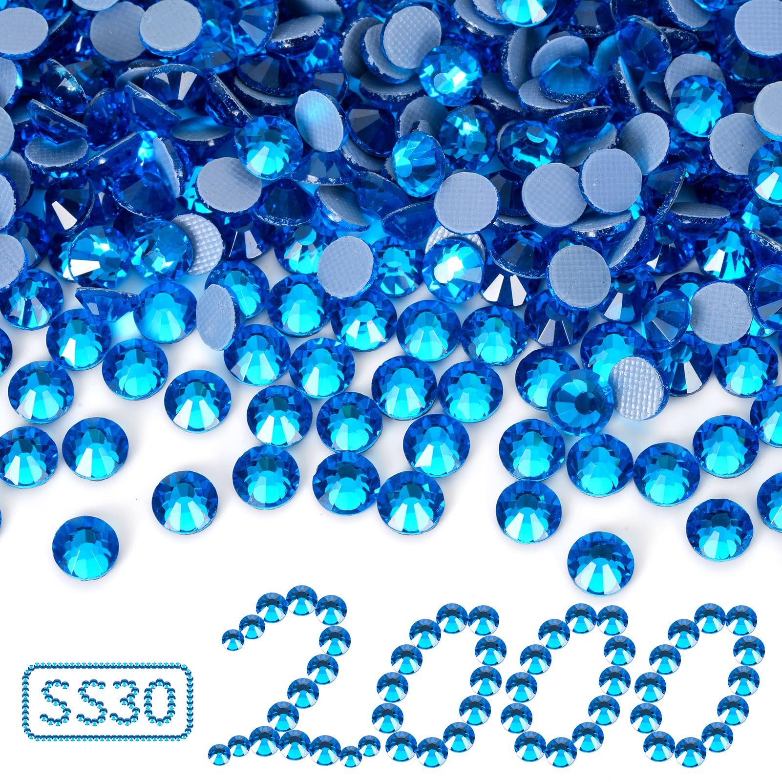 2000 strass blu Capri Hotfix, in vetro, strass termoadesivi per artigianato, vestiti, decorazioni fai da te, SS30, 6,4-6,6 mm