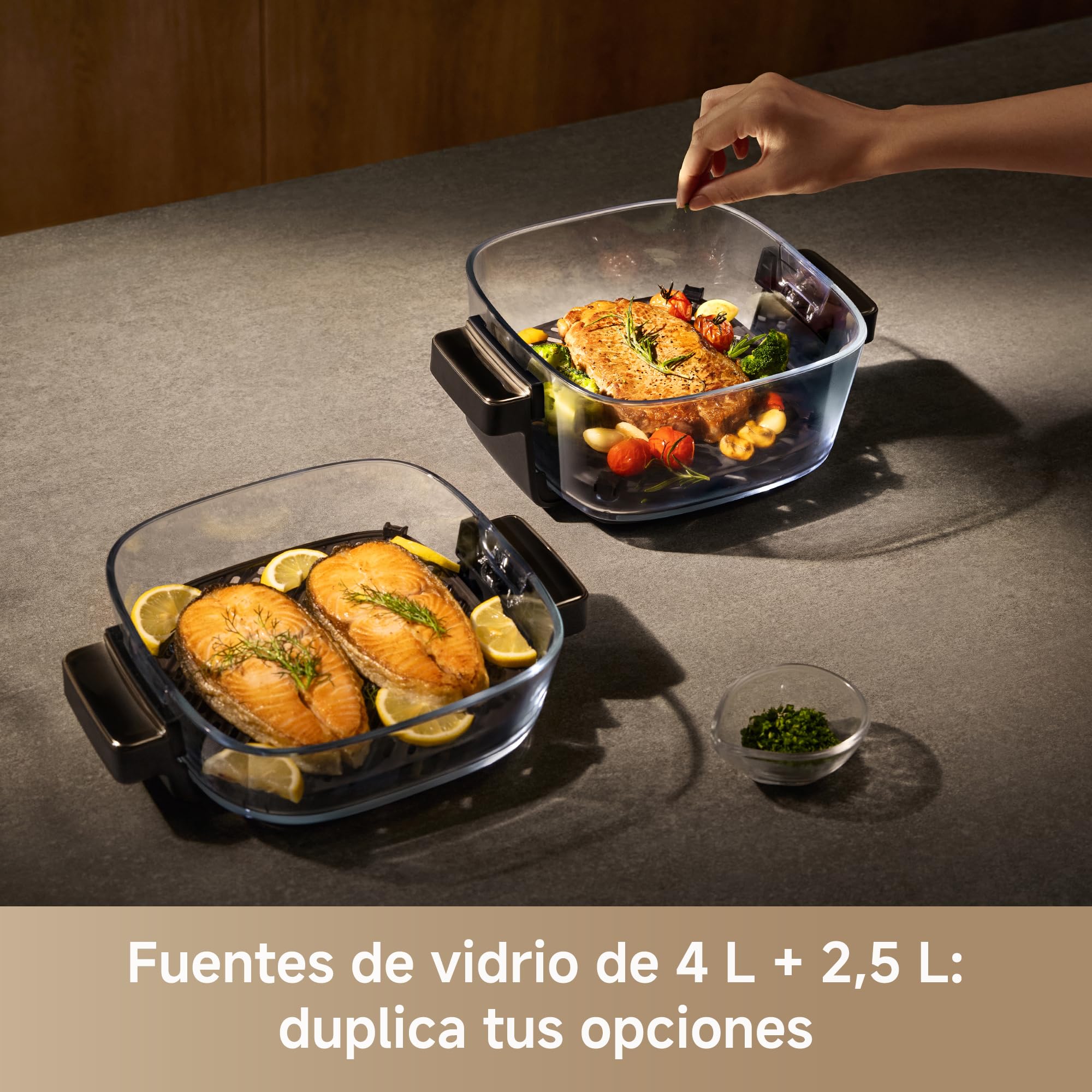 MOVA Aeroglass AF20 Pro Freidora De Aire Sin Aceite interior vidrio transparente, doble capacidad 4L+2,5L, recipiente vidrio, motor sin escobillas, 8 recetas inteligentes, control 40℃-185℃.