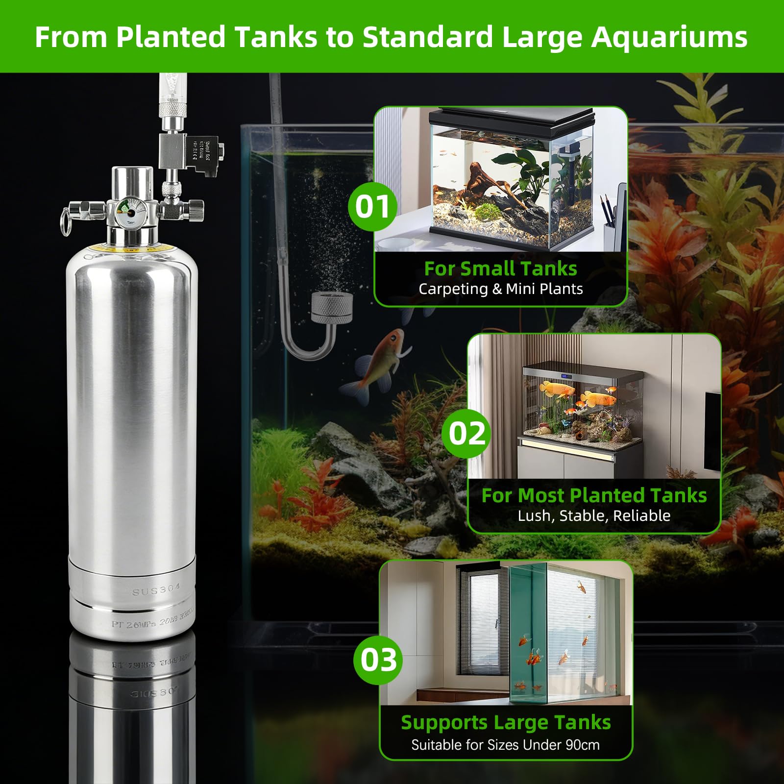 2L Aquarium CO2 Generator Cylinder Kit, Stainless Steel CO2