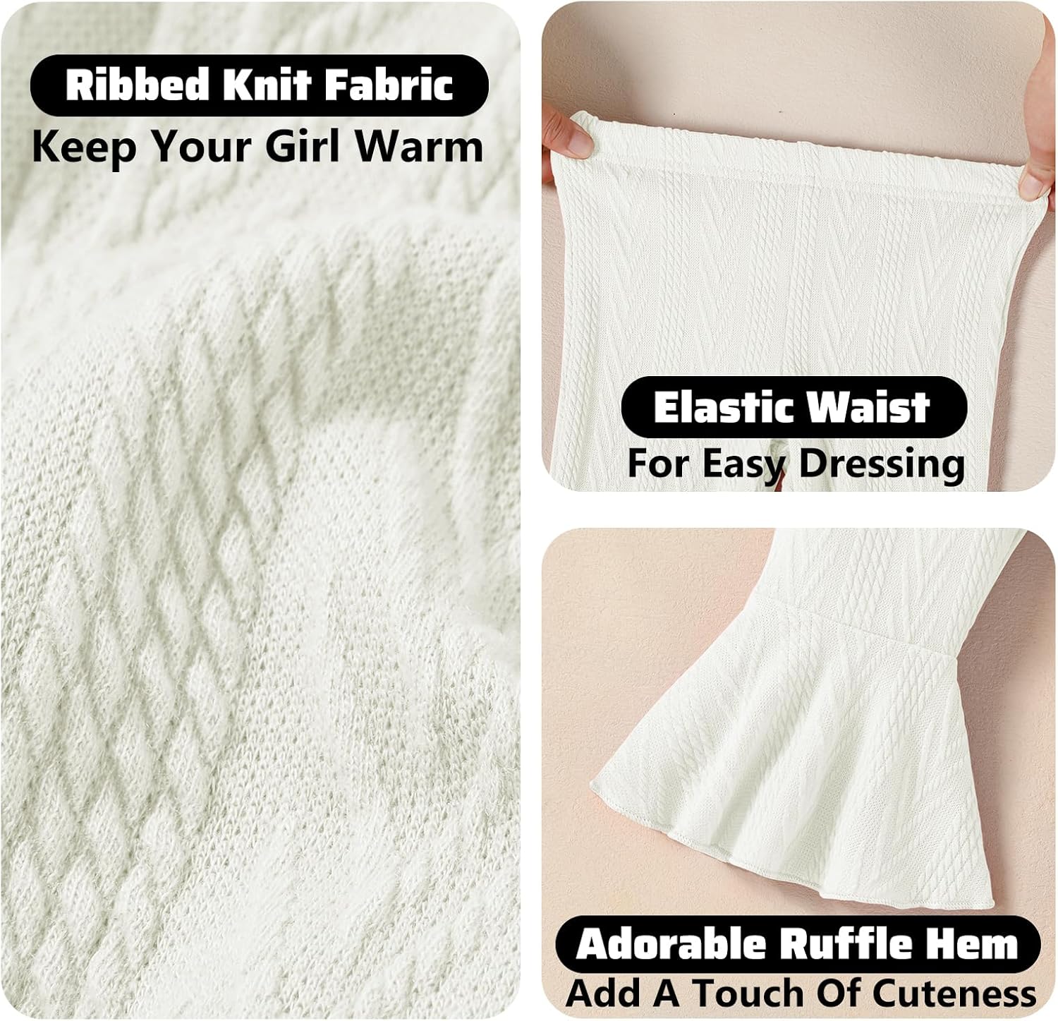 2 Pack Toddler Baby Girl Pants Flare Leggings Ribbed Knit Newborn Bell Bottoms Solid Ruffle Infant Pants for Girls Black White 18-24 Months image 4 of 6 B0F99FRFTP