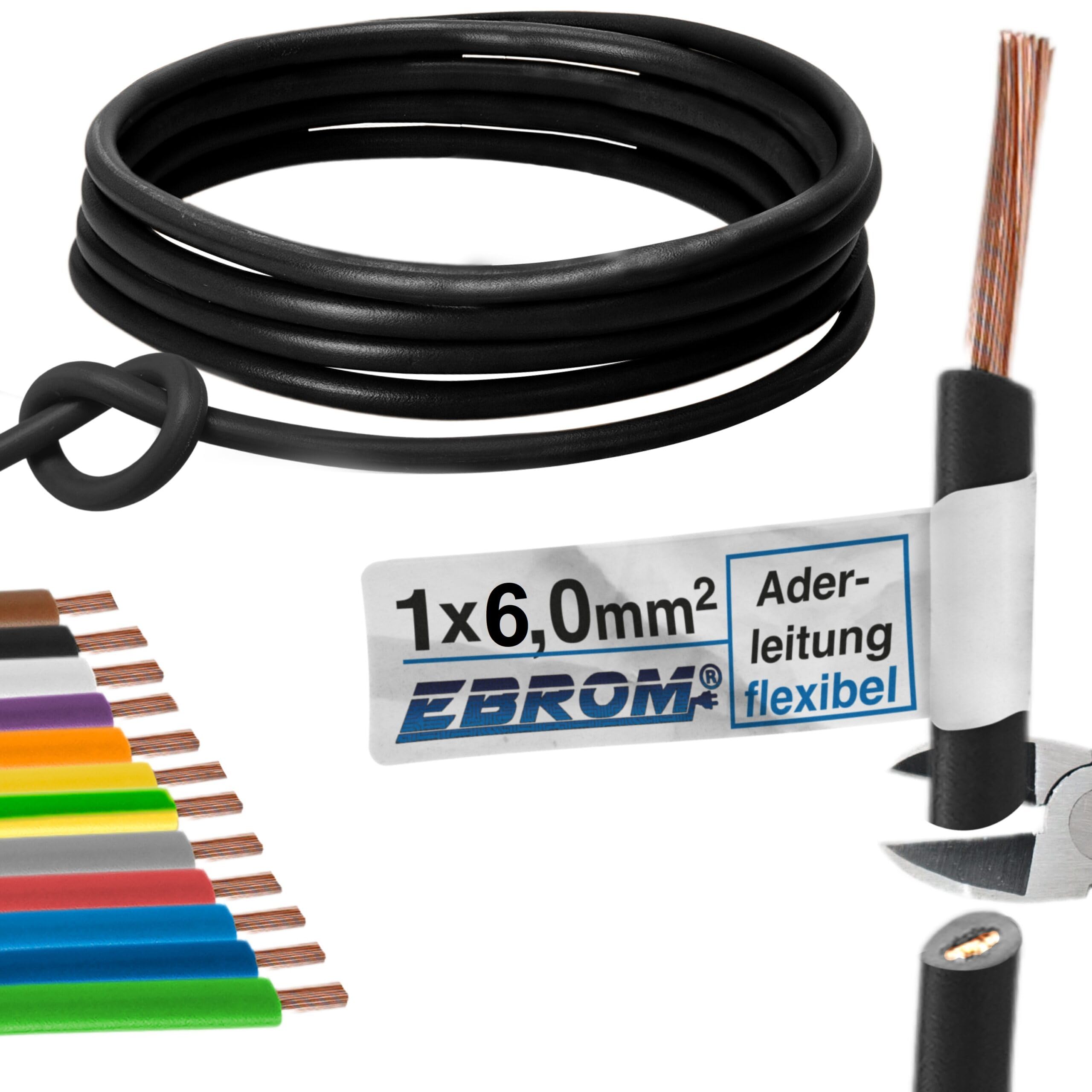 EBROM - Cavo conduttore multifilo da 5 metri – Cavo di cablaggio flessibile – Cavo in PVC – H07V-K 6mm2 | 6 mm² | 6 mm² | 6 mm2 – Colore: nero – rame pieno 99,9% rame OFC – Lunghezza: 5 metri
