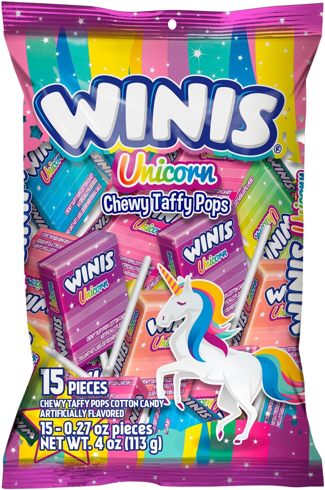 Winis Unicorn | Chewy Taffy Pops | Cotton Candy Flavored | Sharing Size 4.3 Oz Bag - 15 Pieces | Gifts, Holiday, Parties, Concessions, Pantry, Non-Melting, Party