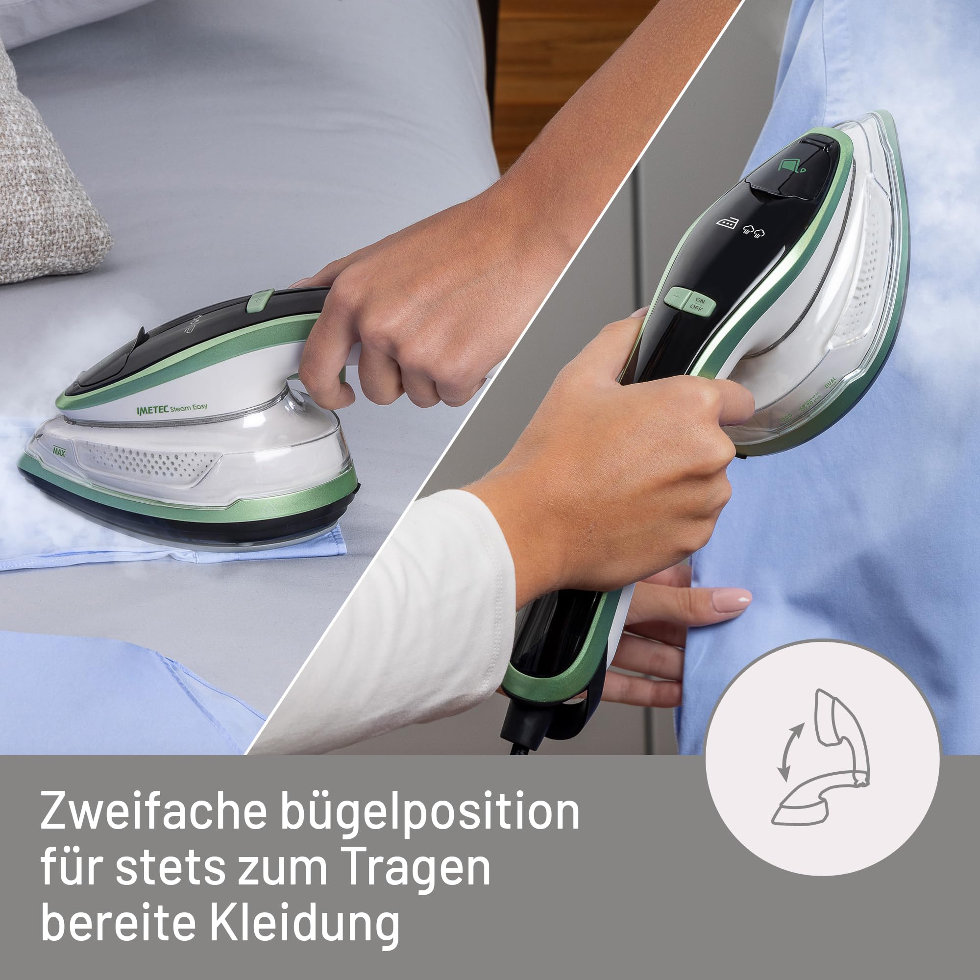 Imetec Steam Easy Dampfbügeleisen, tragbar, vertikales und horizontales Bügeln, Keramiksohle, dreifache Dampf- und Temperaturregelung, digitales Display, bereit in 30 Zoll, 1200 Watt
