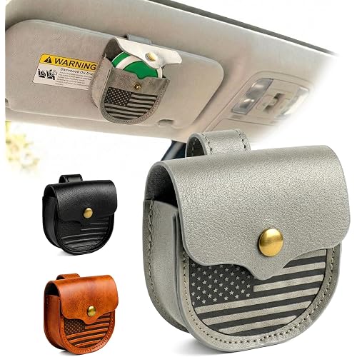 Handmade Leather Car Visor Clip Holder for ZYN, Magnetic Round Can Organizer & Travel Storage - Fits ZYN Tins - Truck Interior Accessory with USA Flag Design - Gift for Drivers (Gray)