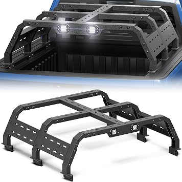 Truck Bed Rack with LED Work Lights, Clamp-On No-Drill Overland Adjustable Steel Bed Rack for F-150, Ram 1500, Silverado 1500, Sierra 1500