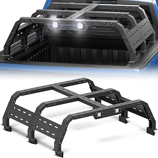 Truck Bed Rack with LED Work Lights, Clamp-On No-Drill Overland Adjustable Steel Bed Rack for F-150, Ram 1500, Silverado 1500, Sierra 1500