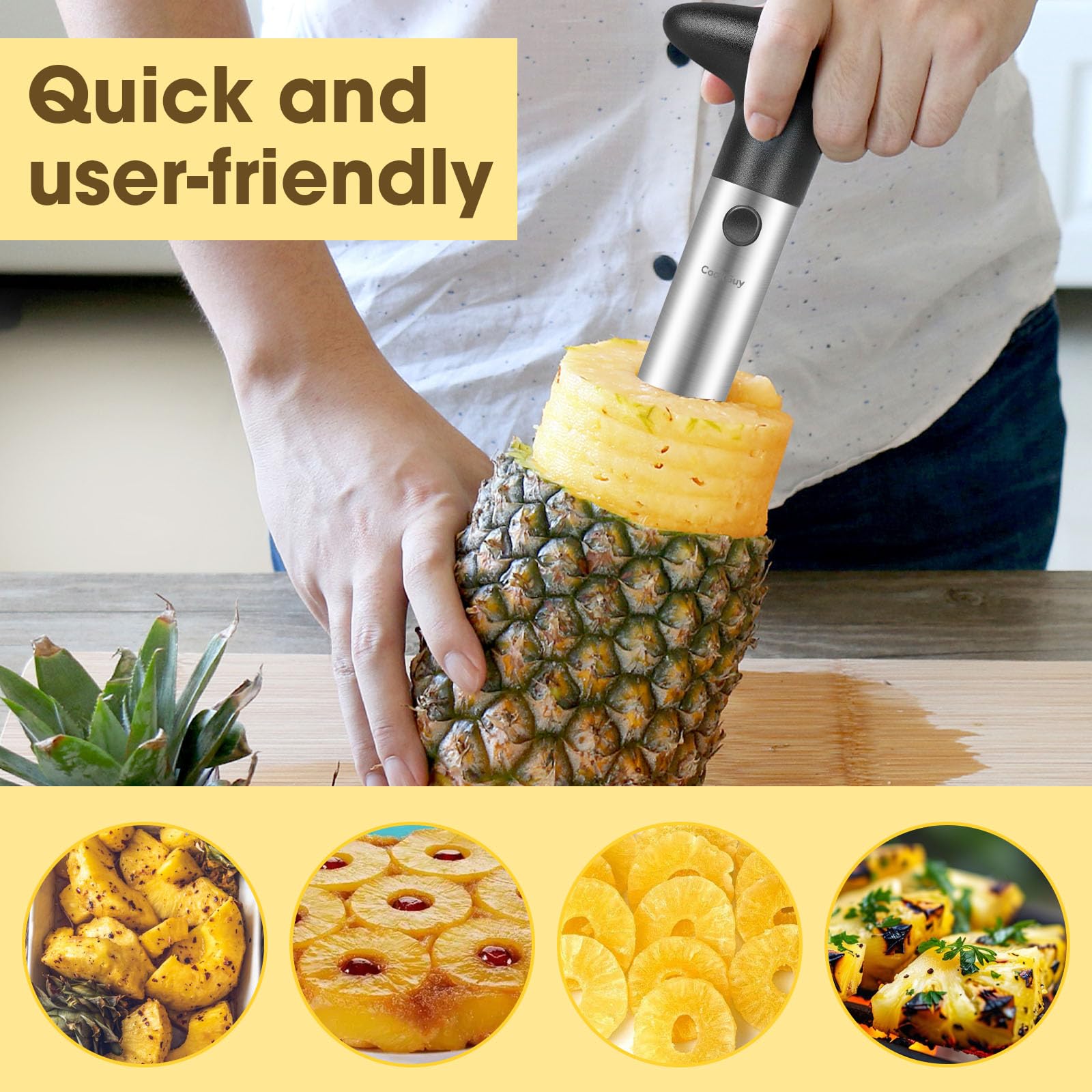 Cook Guy Ananas-Entkerner und -hobel mit rundem Griff – inklusive verstärktem Ananasschneider aus Edelstahl, Ananas-Trennwand aus Kunststoff und Obstmesser – einfaches Entfernen und Schneiden von Kern