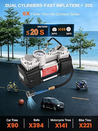 Miniatura 2 de GSPSCN Inflador de neumáticos portátil de inflado 6 veces más rápido, bomba de compresor de aire de doble cilindro con luz LED, bomba de aire de 12