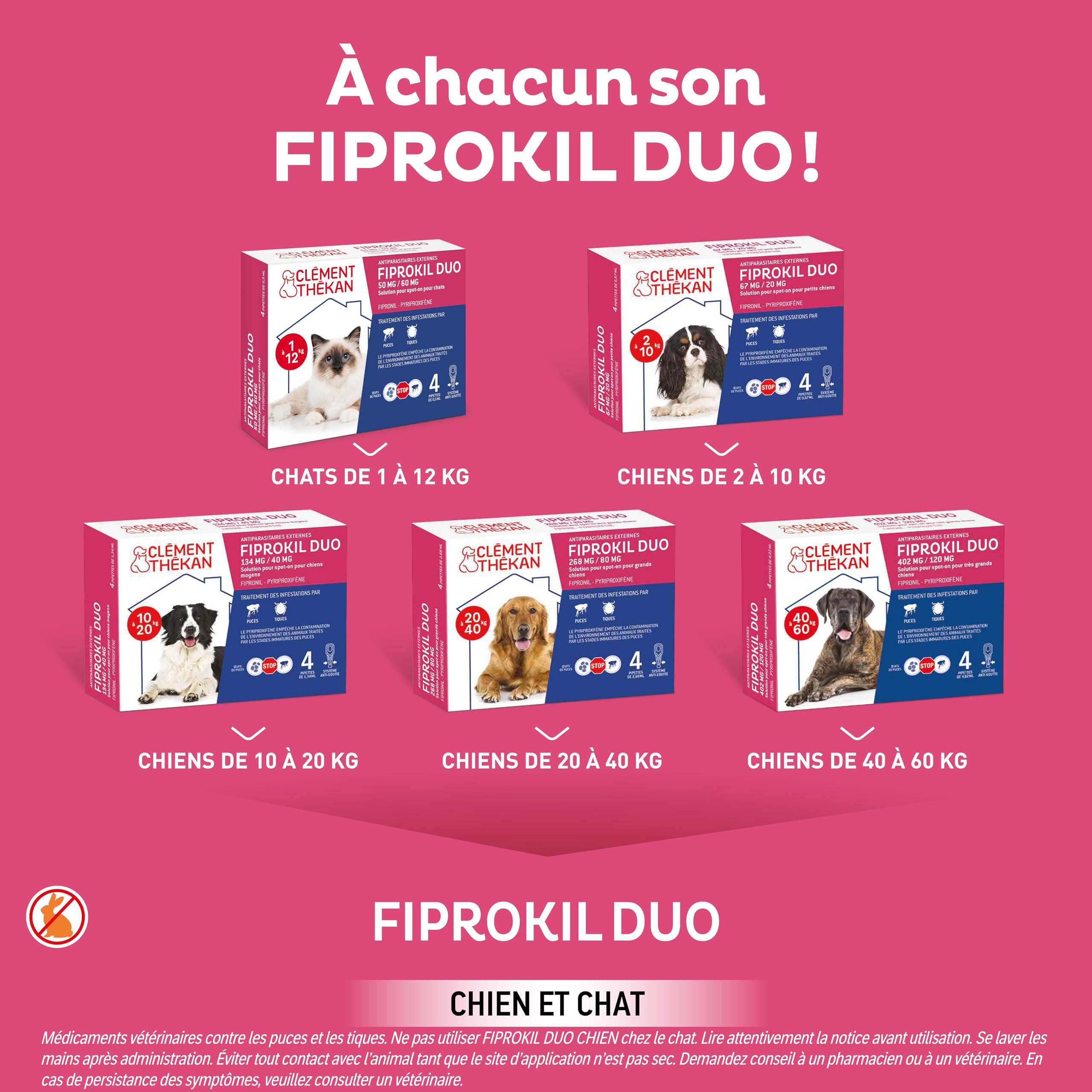 Fiprokil Duo Petits Chiens Clément Thékan (2-10 kg) - Anti-Puces/Tiques - Élimine parasites/Oeufs - Protège Jusqu’à 7 semaines l’Animal et 12 semaines l’Environnement - 4 pipettes Spot on