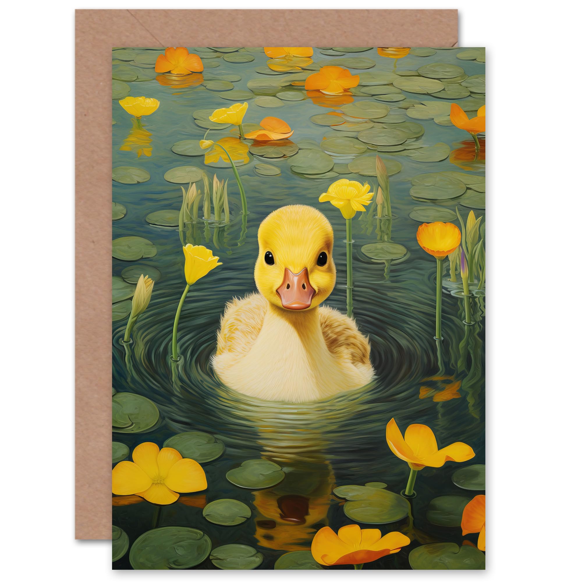 Artery8 Duckling Lily Pads and Flowers for Child Children Kids Birthday Congratulations Sister Daughter Blank Art Greeting Card