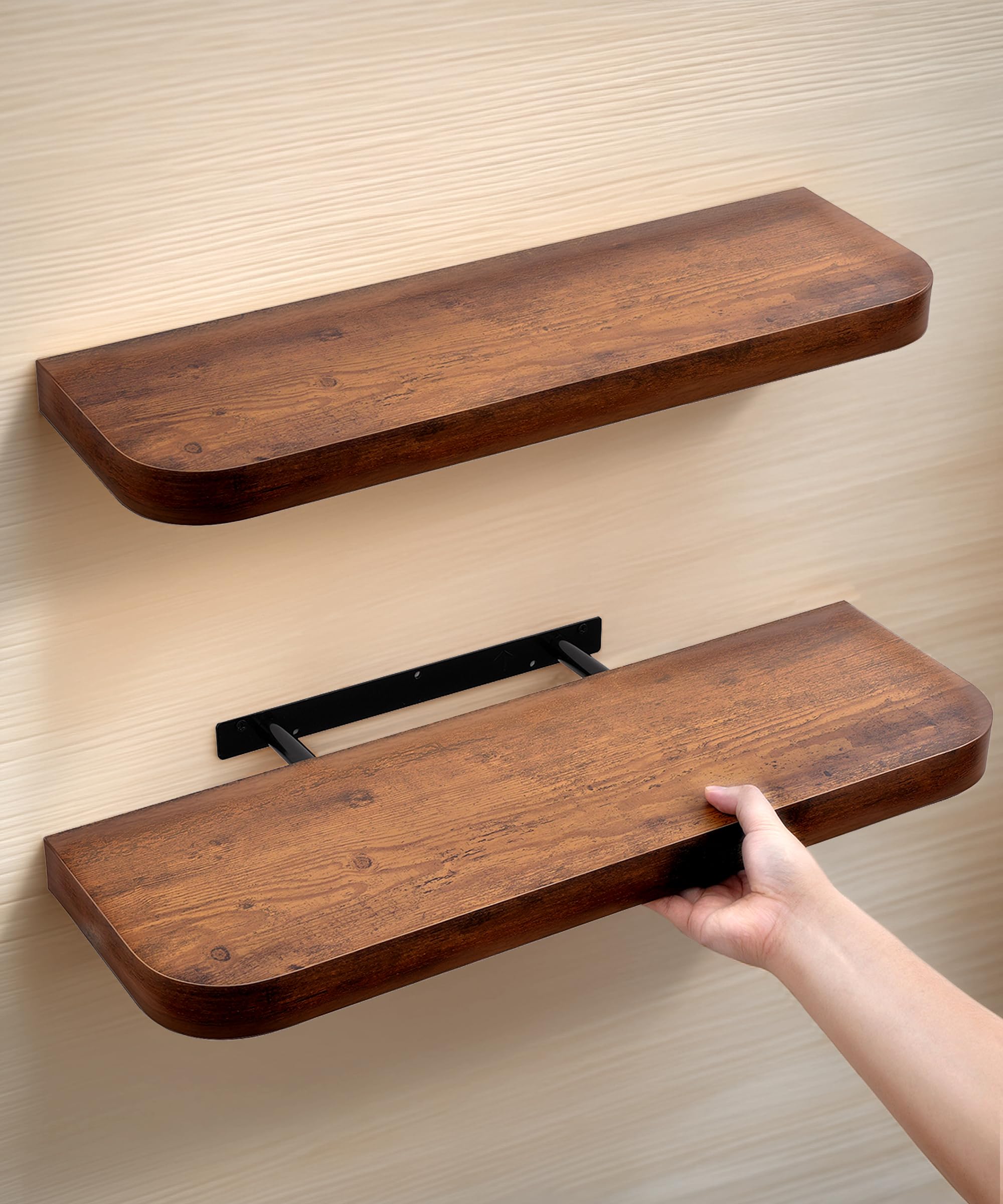 Gronda Estantes flotantes de madera para pared, juego de 2 estantes rústicos montados en la pared con diseño de borde curvado, gran decoración, estante largo para baño, dormitorio, cocina, oficina,