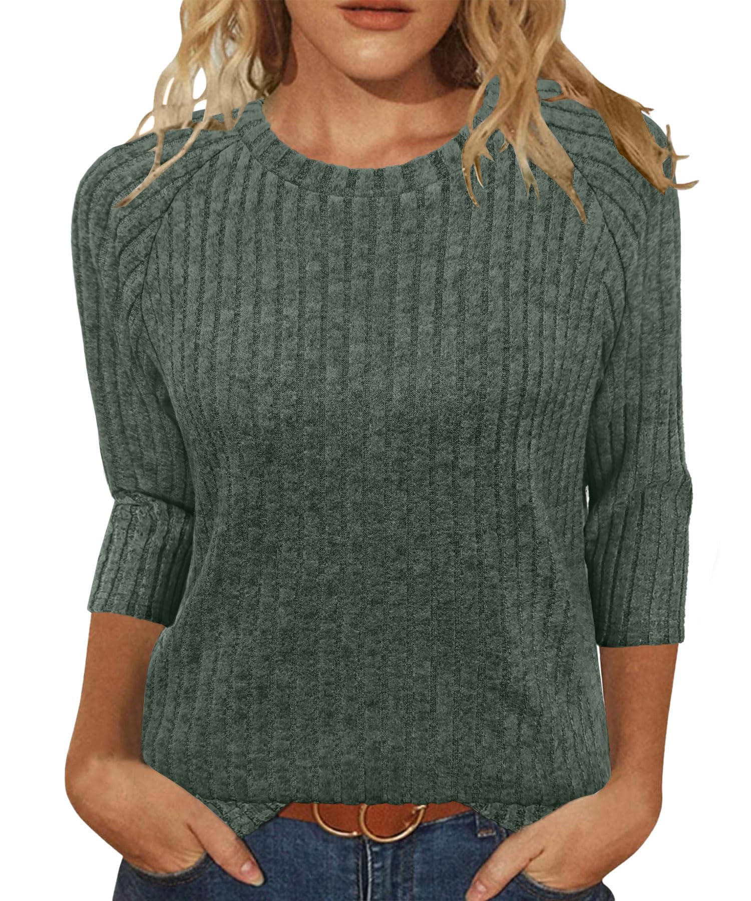 JomeDesign Sweaters for Women 3 4 Sleeve Shirts Crew Neck Sweatshirts Loose Casual Blouses Fashion Tops