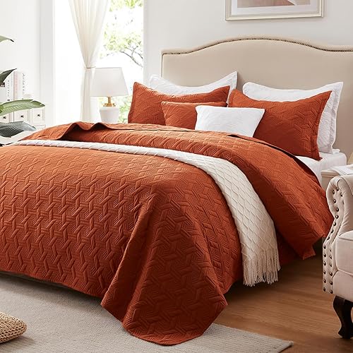 Miniatura 8 de Juego de edredón extragrande tamaño California King de 3 piezas, colcha naranja quemado/óxido-118''x106'', edredón de verano suave y ligero, lujoso