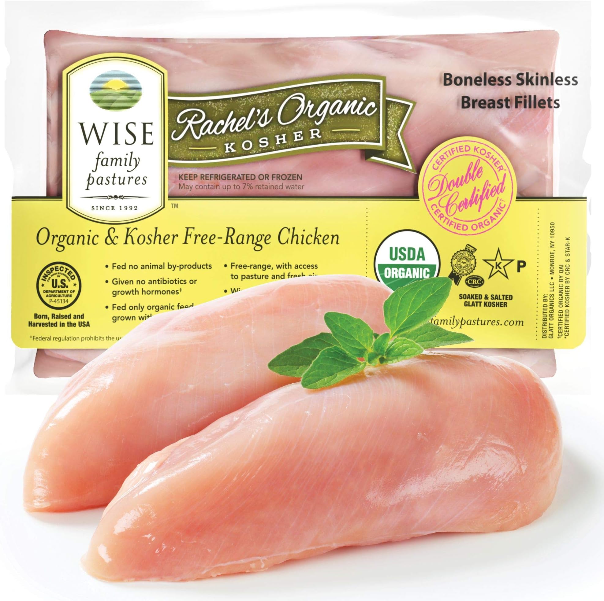 Wise Organic Double Certified Organic Boneless Skinless Chicken Breast Fillets, Glatt Kosher, Non GMO, Free Range (5.00-5.50 Pounds)