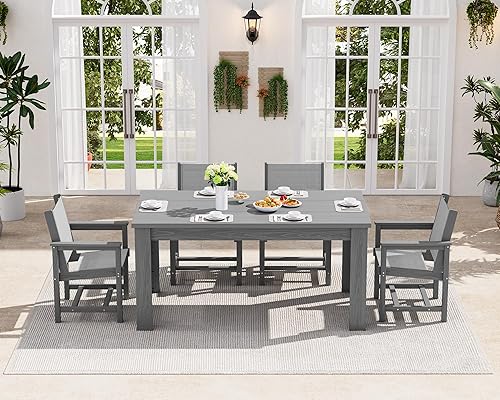 Miniatura 14 de SERWALL Juego de comedor de patio para 8, juegos de comedor al aire libre para 8 personas con 2 agujeros para sombrilla, mesas rectangulares